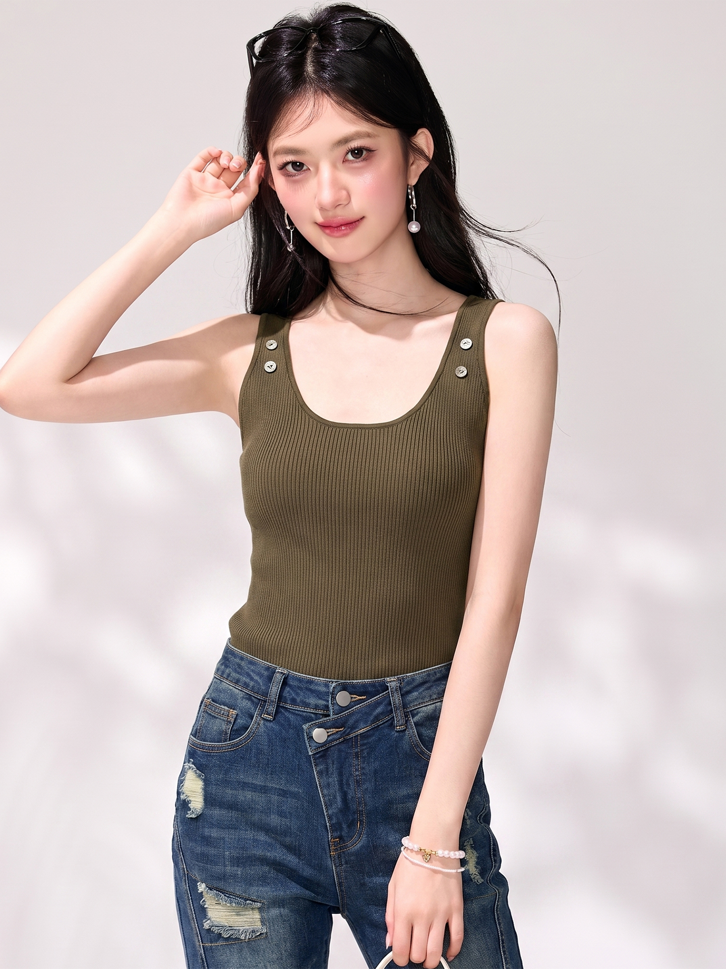 有◆2026美式辣妹咖色針織工字背心吊帶女夏季寬肩帶遮副乳上衣