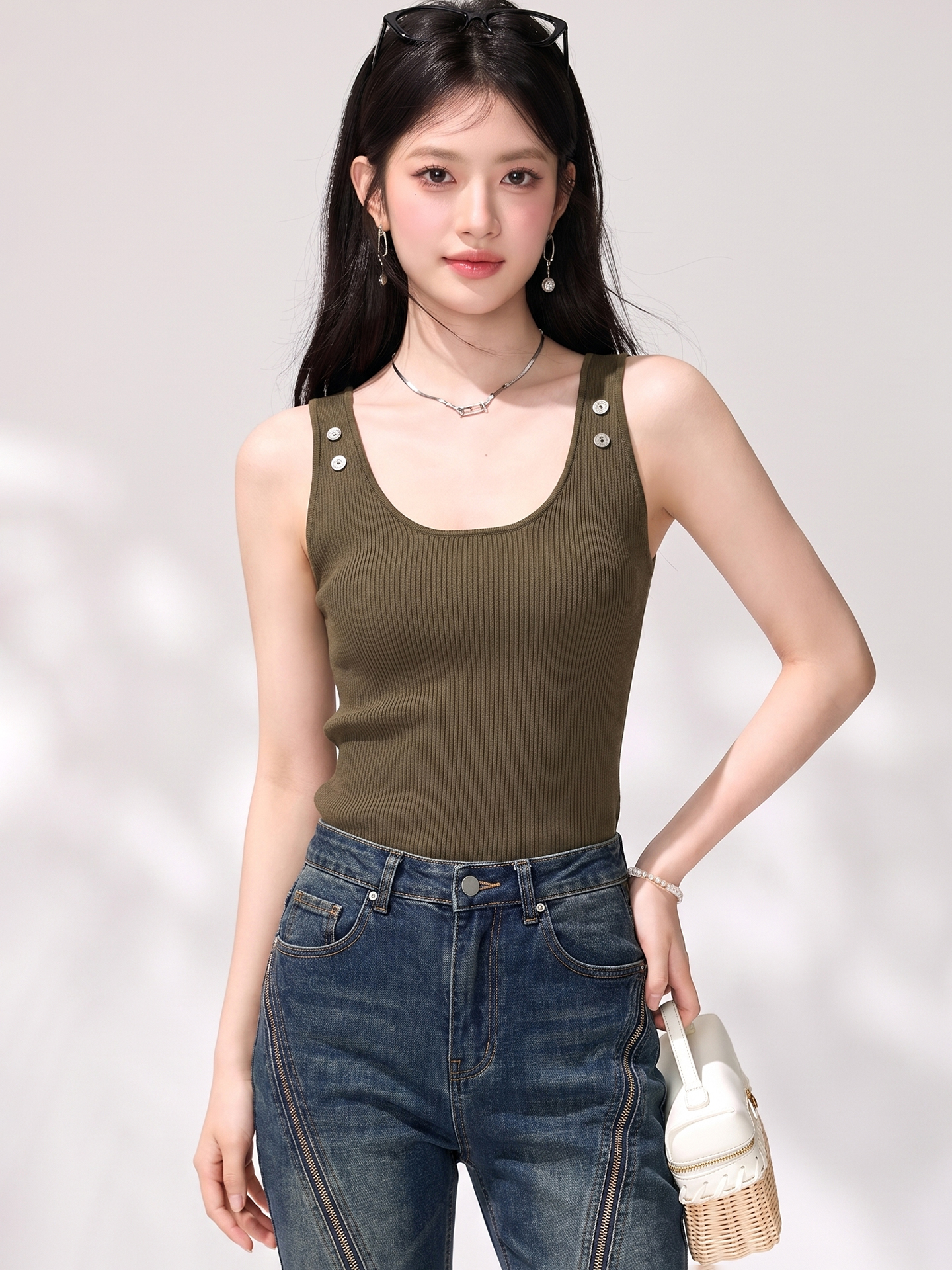 有◆2026美式辣妹咖色針織工字背心吊帶女夏季寬肩帶遮副乳上衣