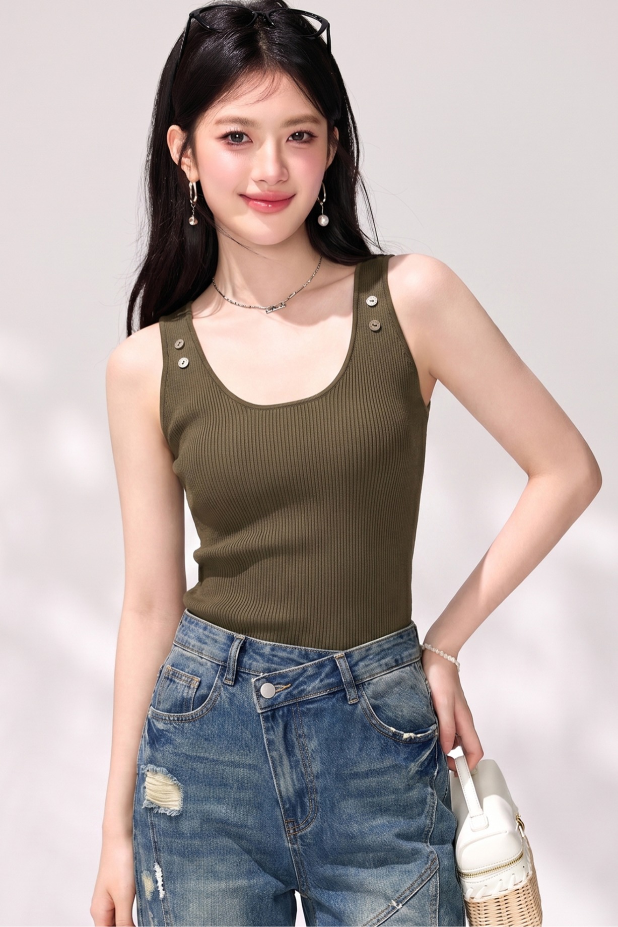 有◆2026美式辣妹咖色針織工字背心吊帶女夏季寬肩帶遮副乳上衣