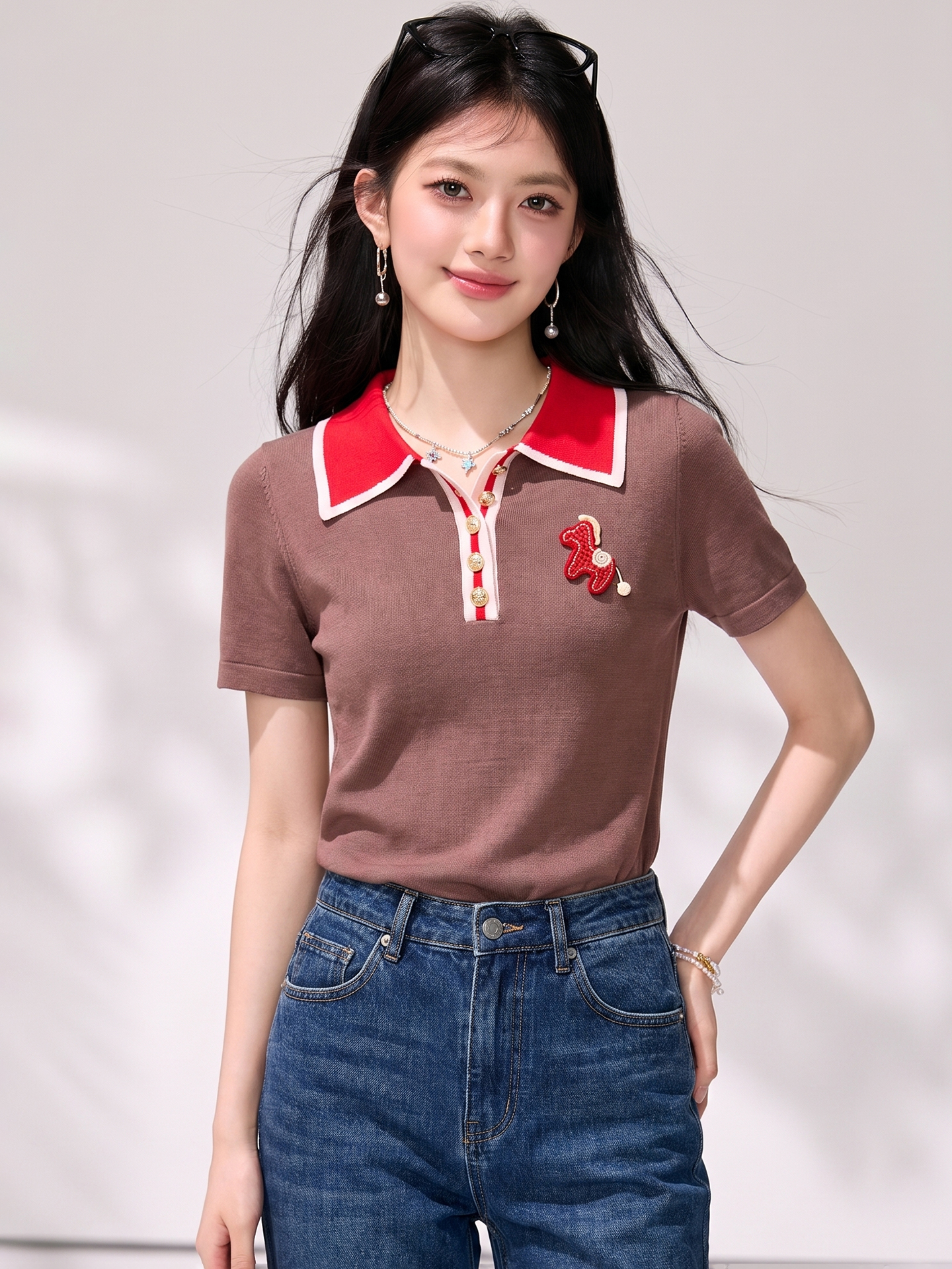 有◆2026復古撞色刺繡小馬polo領短袖女夏季修身顯瘦百搭短上衣