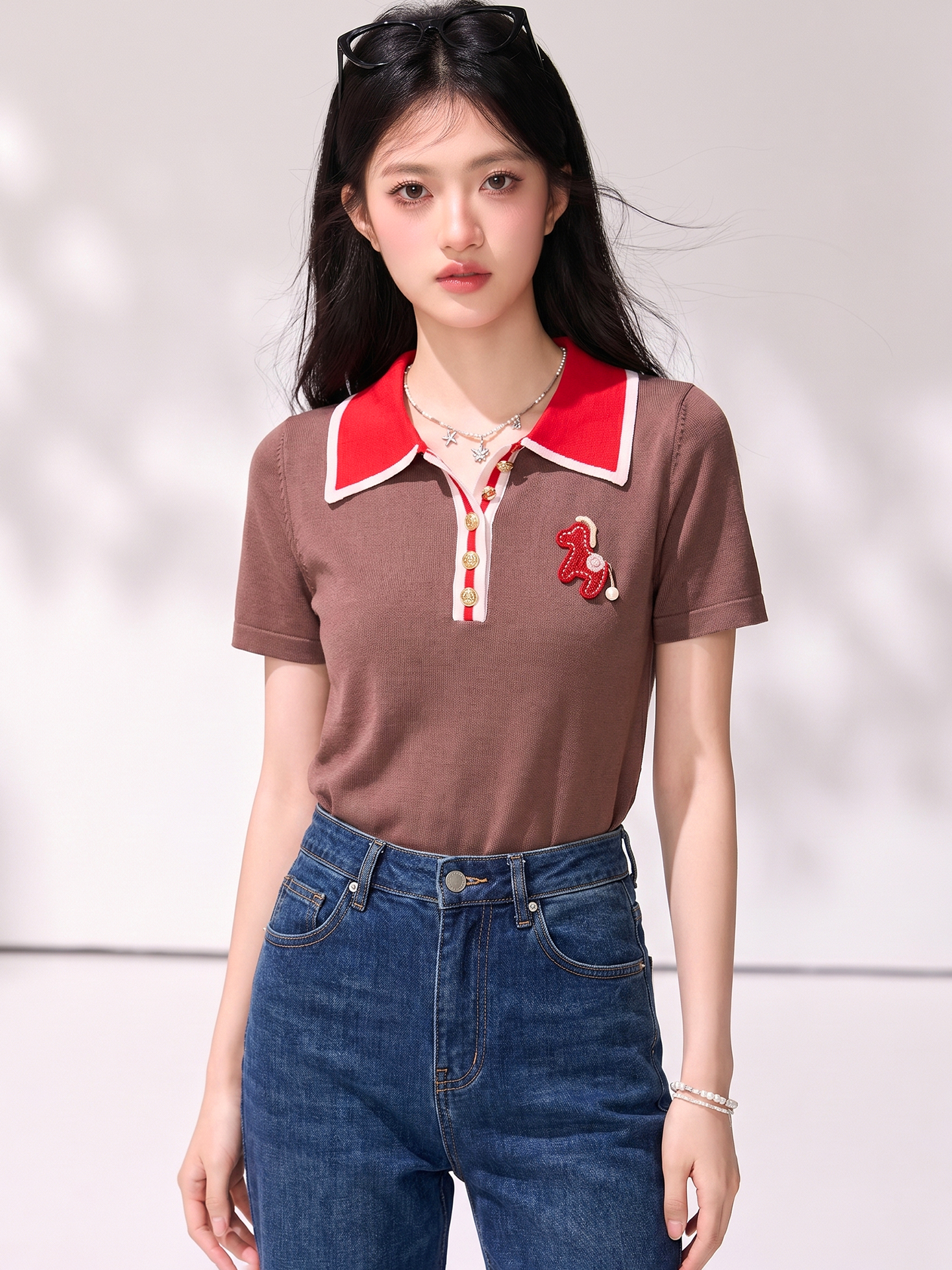 有◆2026復古撞色刺繡小馬polo領短袖女夏季修身顯瘦百搭短上衣