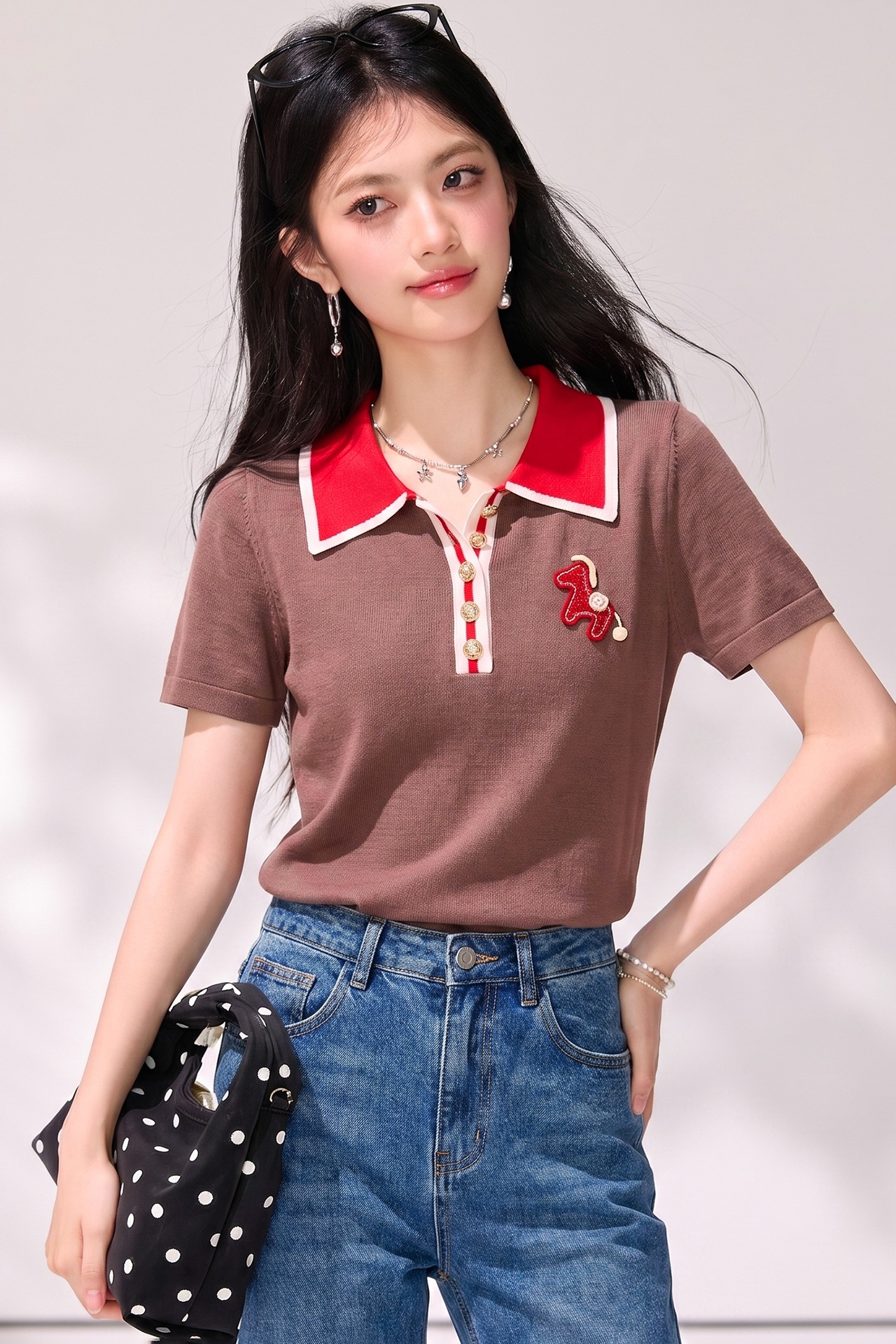 有◆2026復古撞色刺繡小馬polo領短袖女夏季修身顯瘦百搭短上衣