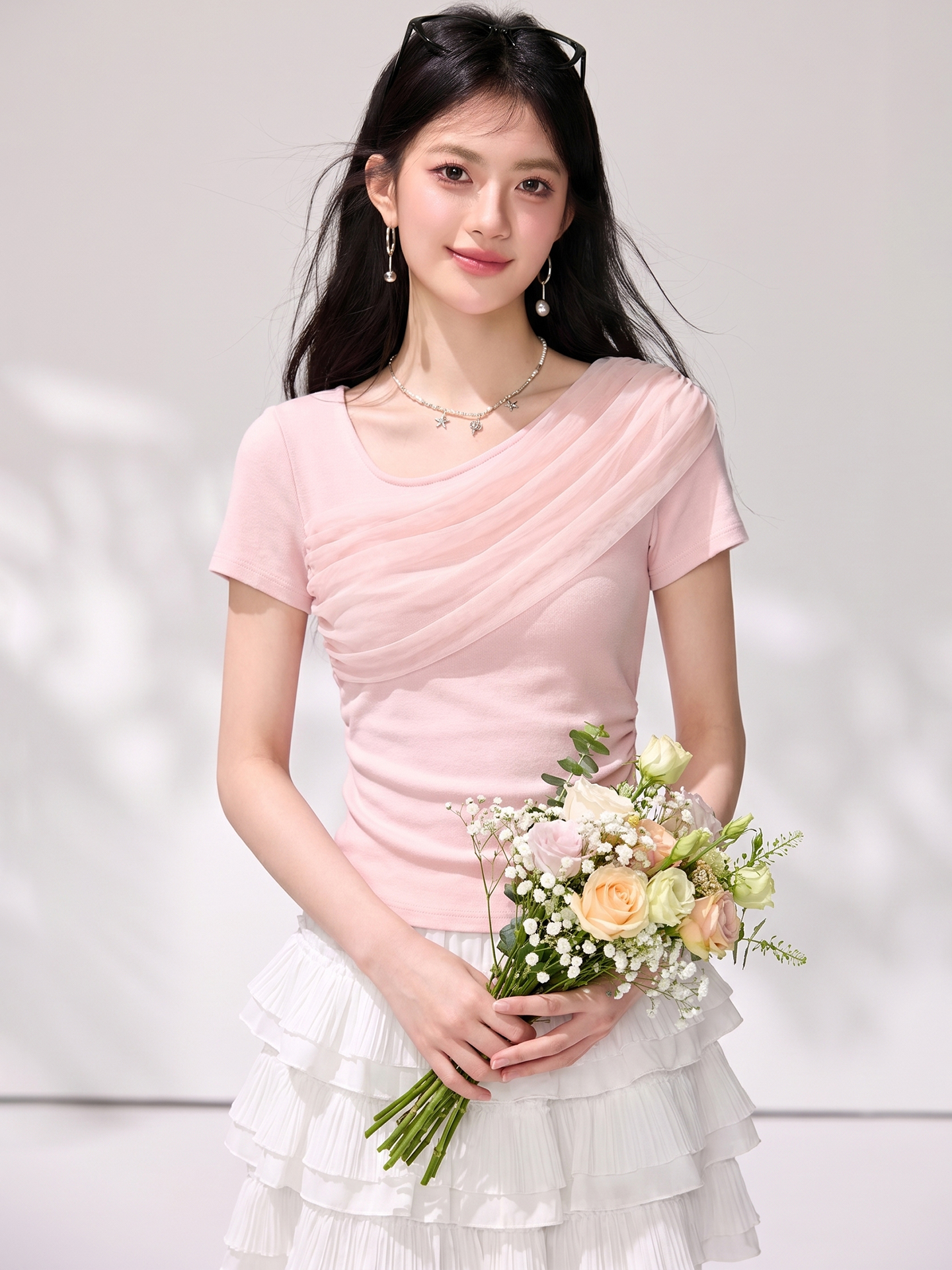 有◆2026法式粉色蕩領正肩短袖t恤女夏季短款修身顯瘦上衣
