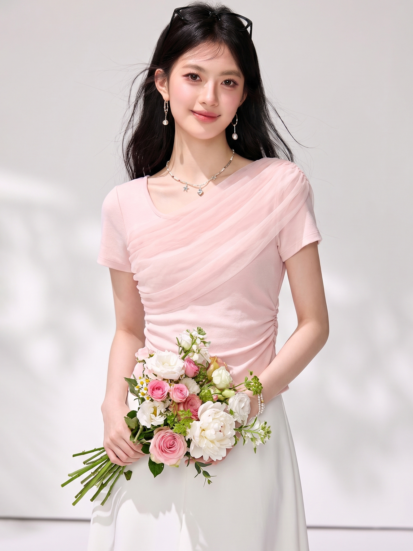 有◆2026法式粉色蕩領正肩短袖t恤女夏季短款修身顯瘦上衣