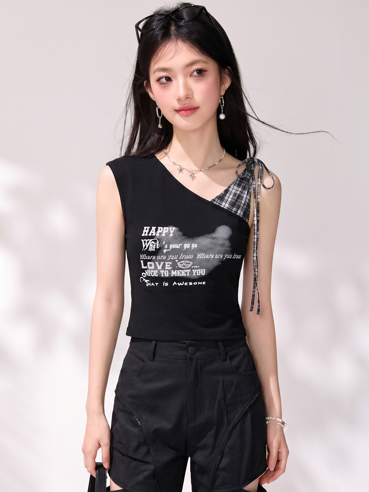 有◆2026拼接格子吊帶背心女設計感小眾辣妹美式好看斜領短款上衣