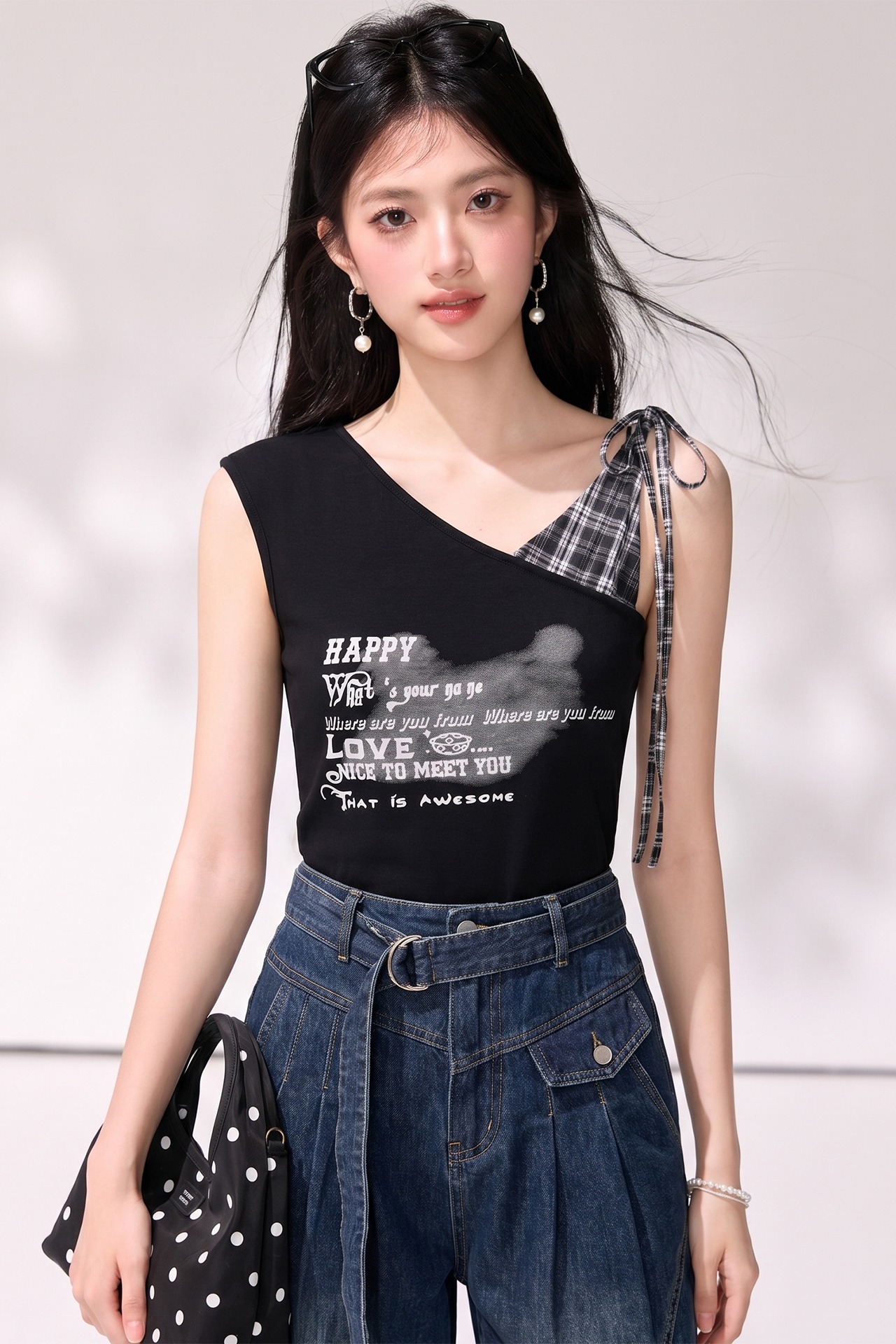 有◆2026拼接格子吊帶背心女設計感小眾辣妹美式好看斜領短款上衣