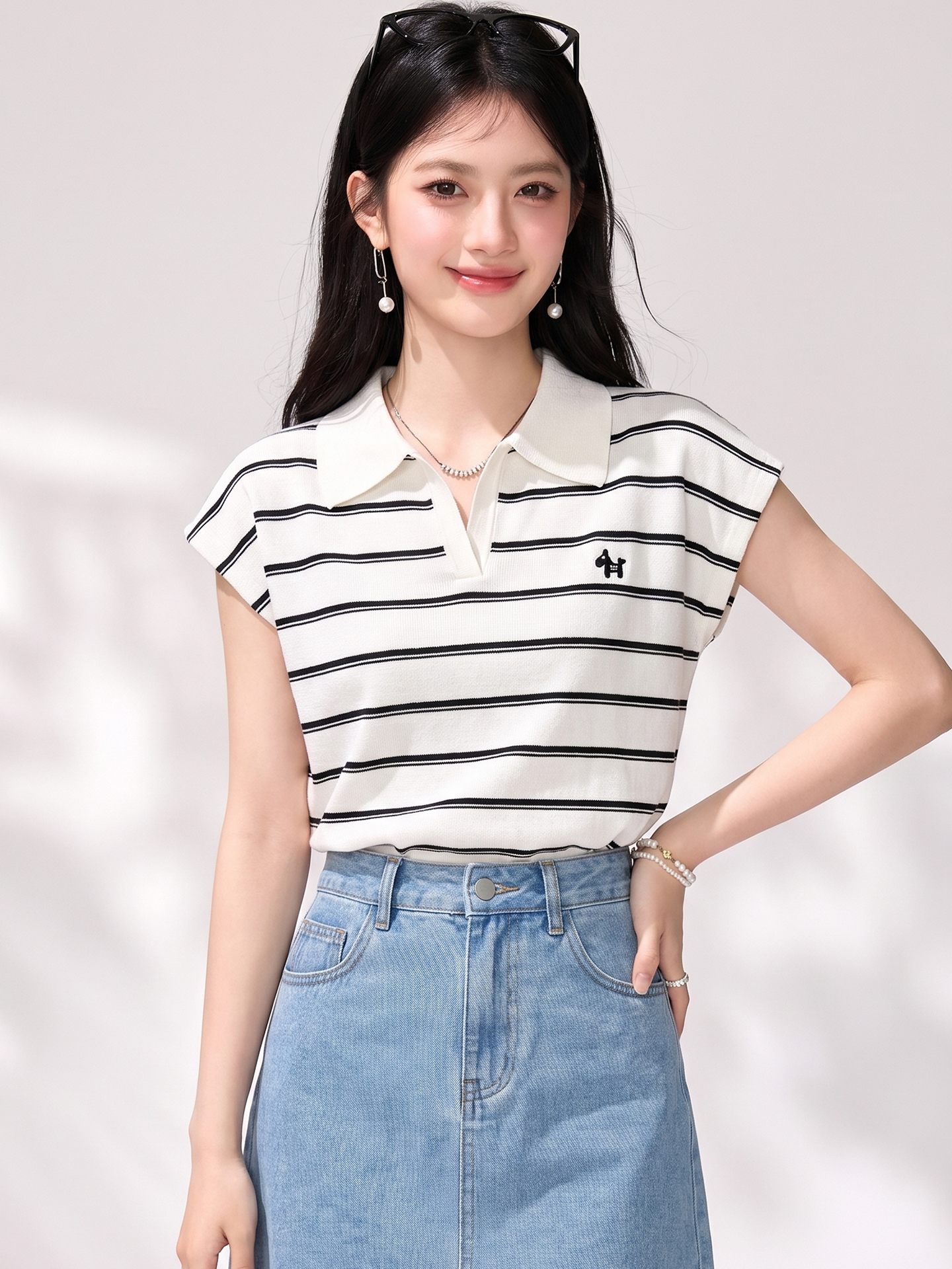 有◆2026韓系溫柔風Polo領針織衫女薄款小狗刺繡寬松顯瘦無袖上衣