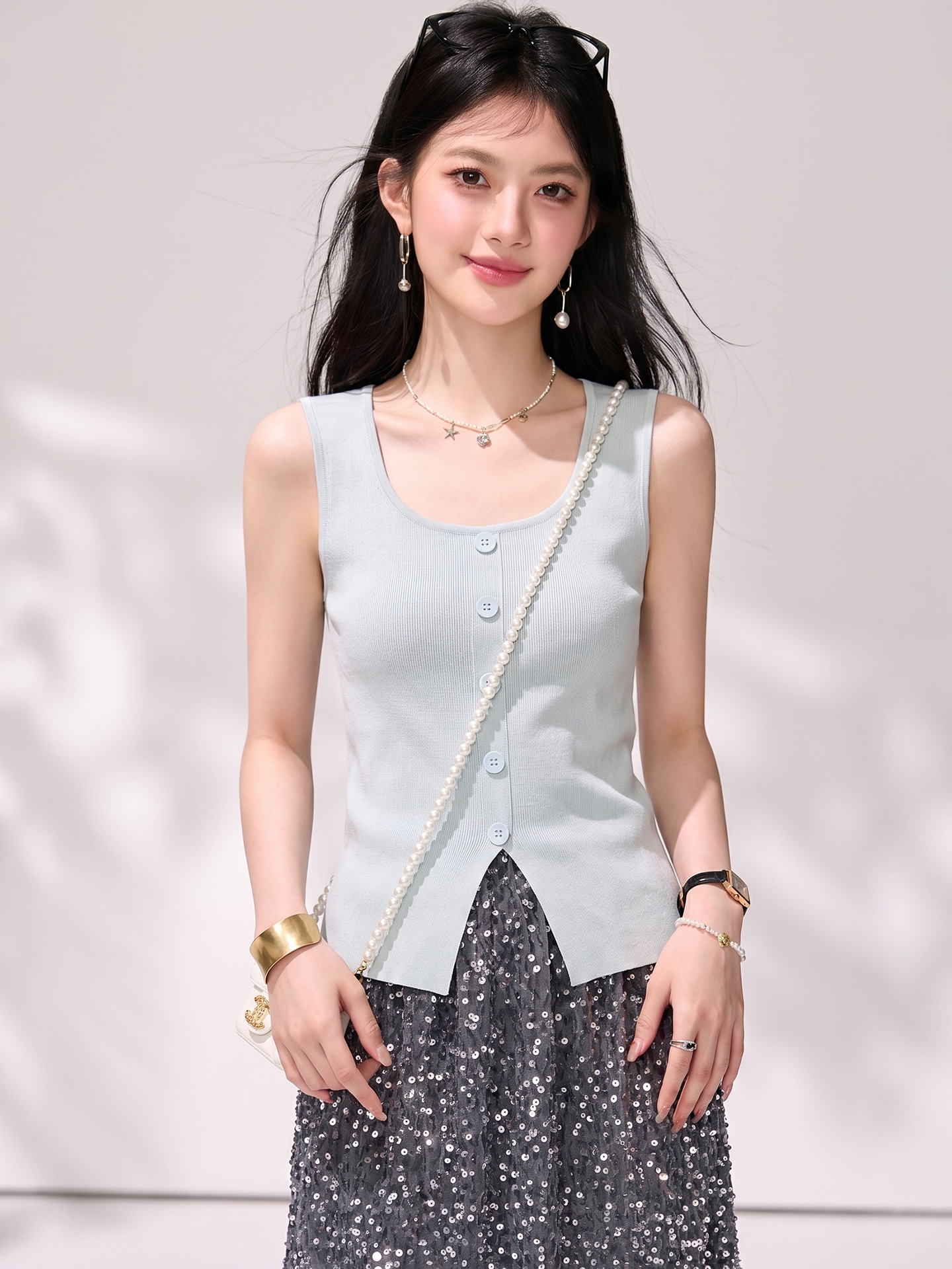 有◆2026純欲顯瘦方領針織背心女夏季洋氣小衫開叉無袖吊帶上衣