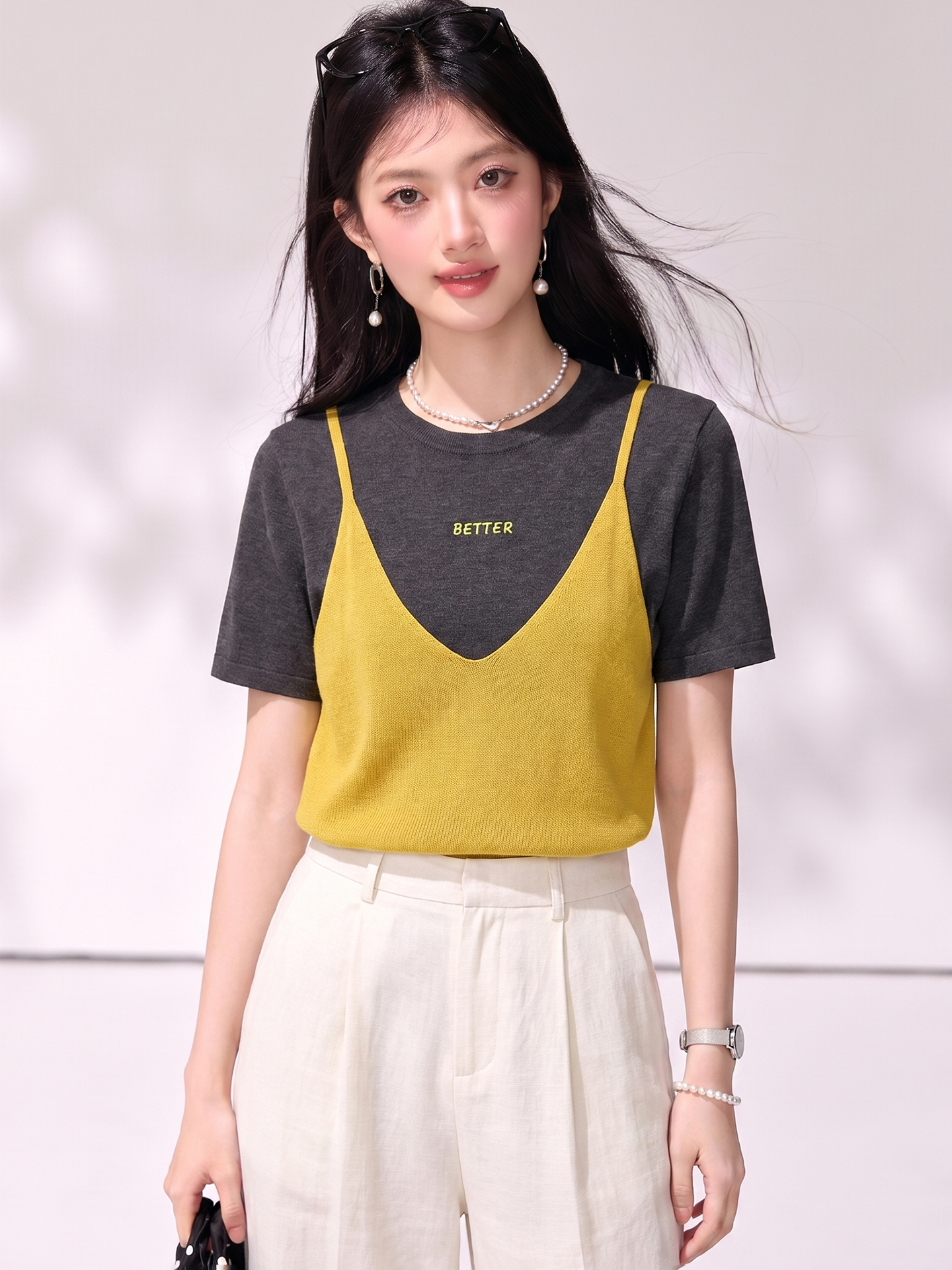 有◆2026假兩件撞色拼接字母T恤女短袖疊穿針織背心高級感上衣