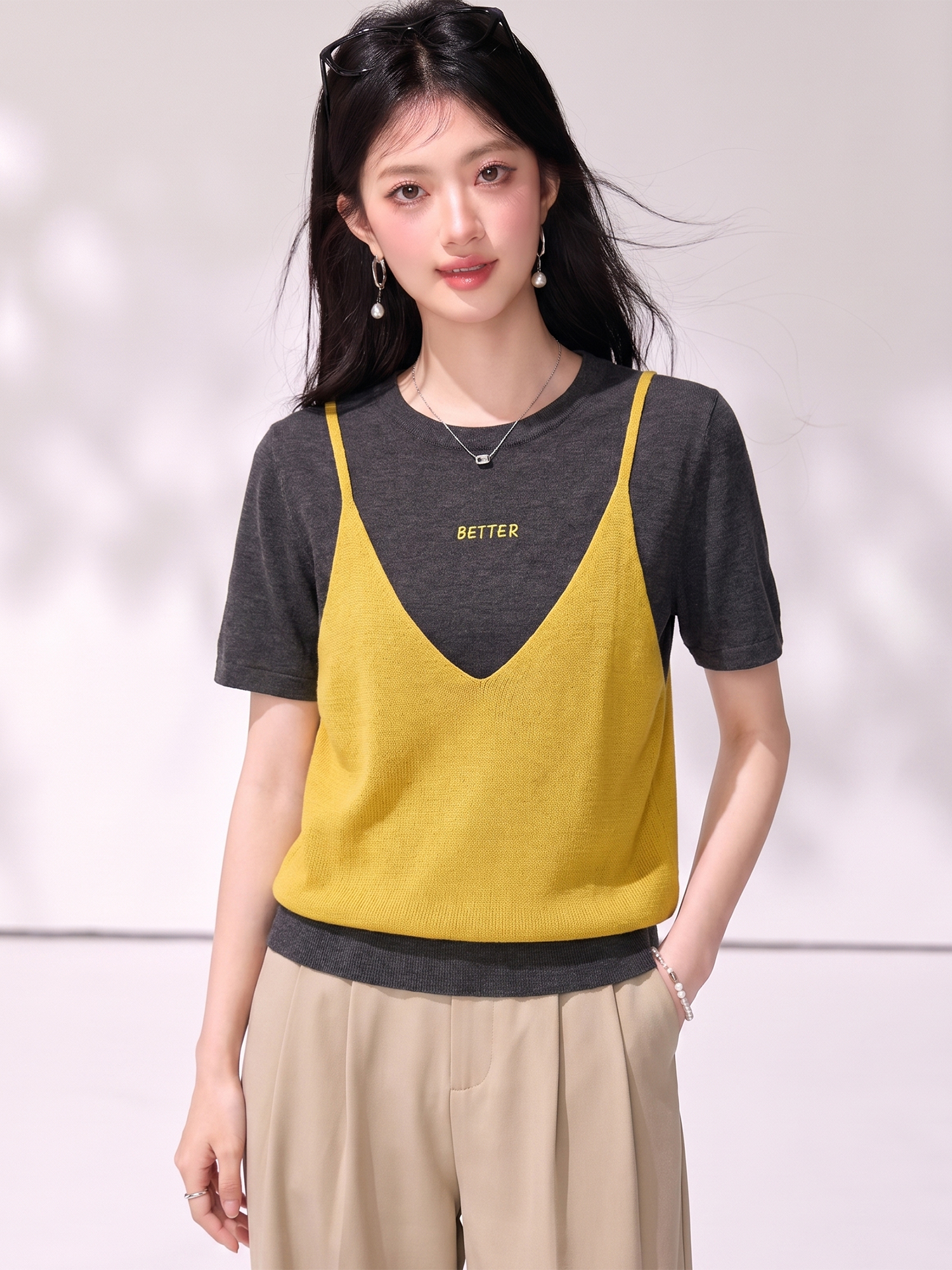有◆2026假兩件撞色拼接字母T恤女短袖疊穿針織背心高級感上衣