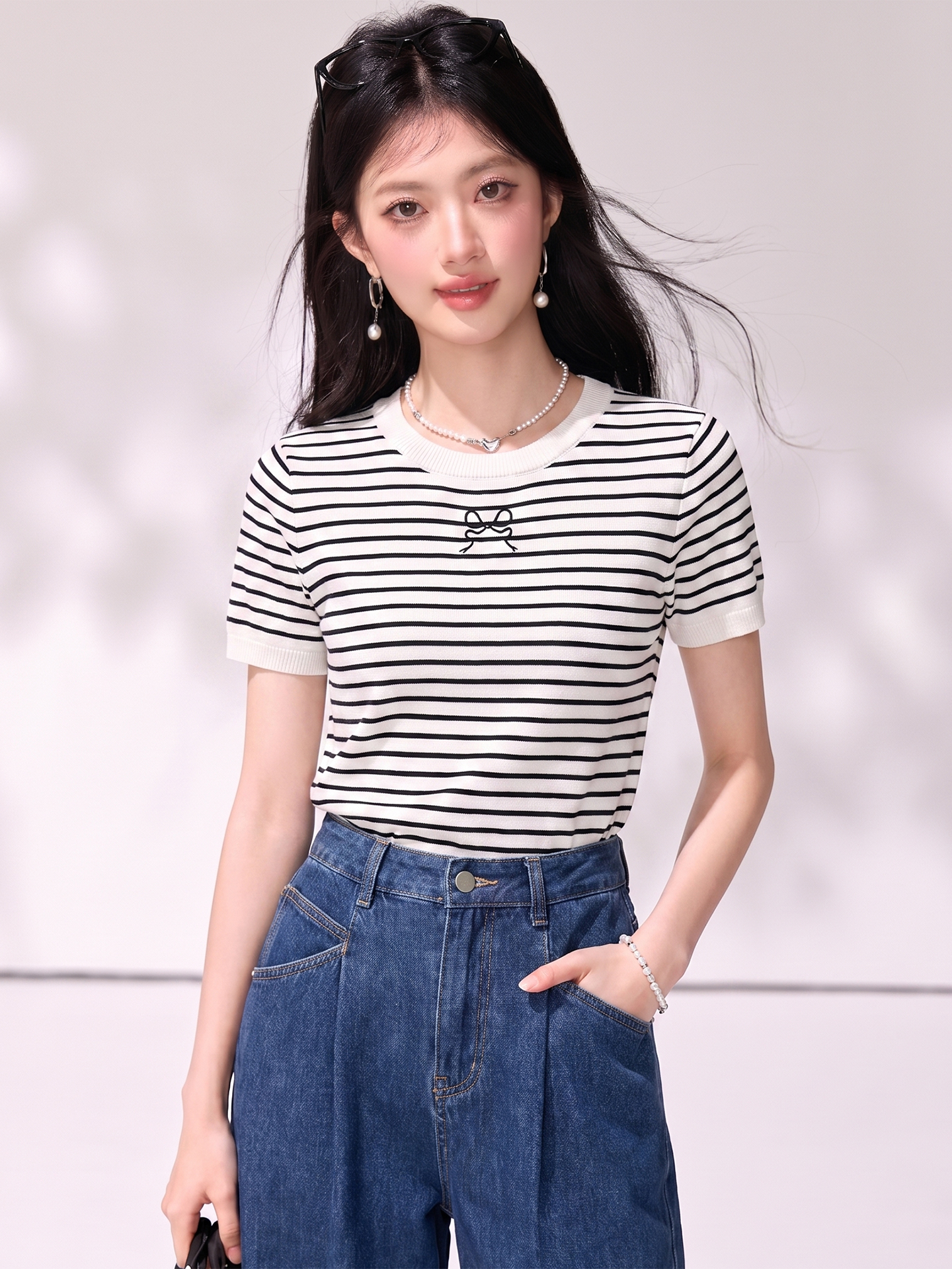 有◆2026韓系條紋后背鏤空蝴蝶結冰絲短袖t恤女夏高級感修身上衣