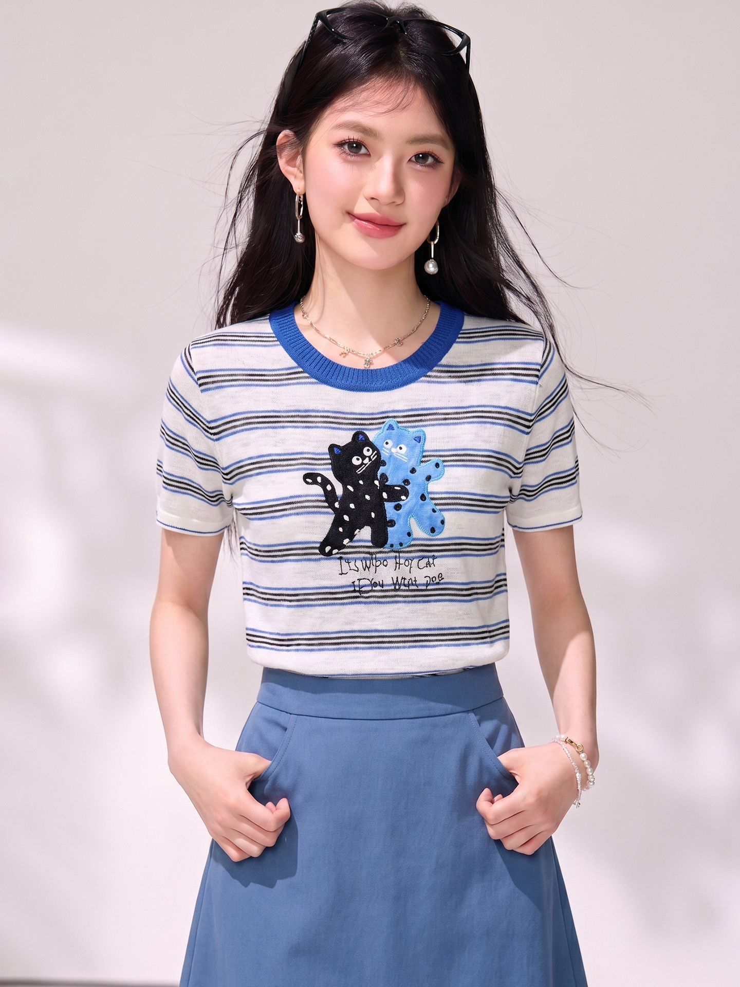 有◆2026韓版卡通刺繡撞色領條紋針織短袖夏季新款女減齡套頭上衣