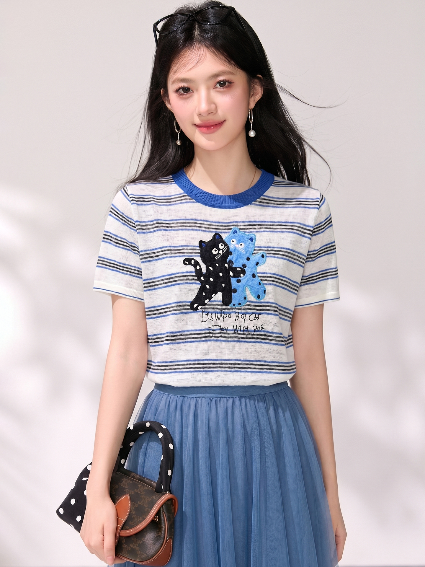 有◆2026韓版卡通刺繡撞色領條紋針織短袖夏季新款女減齡套頭上衣