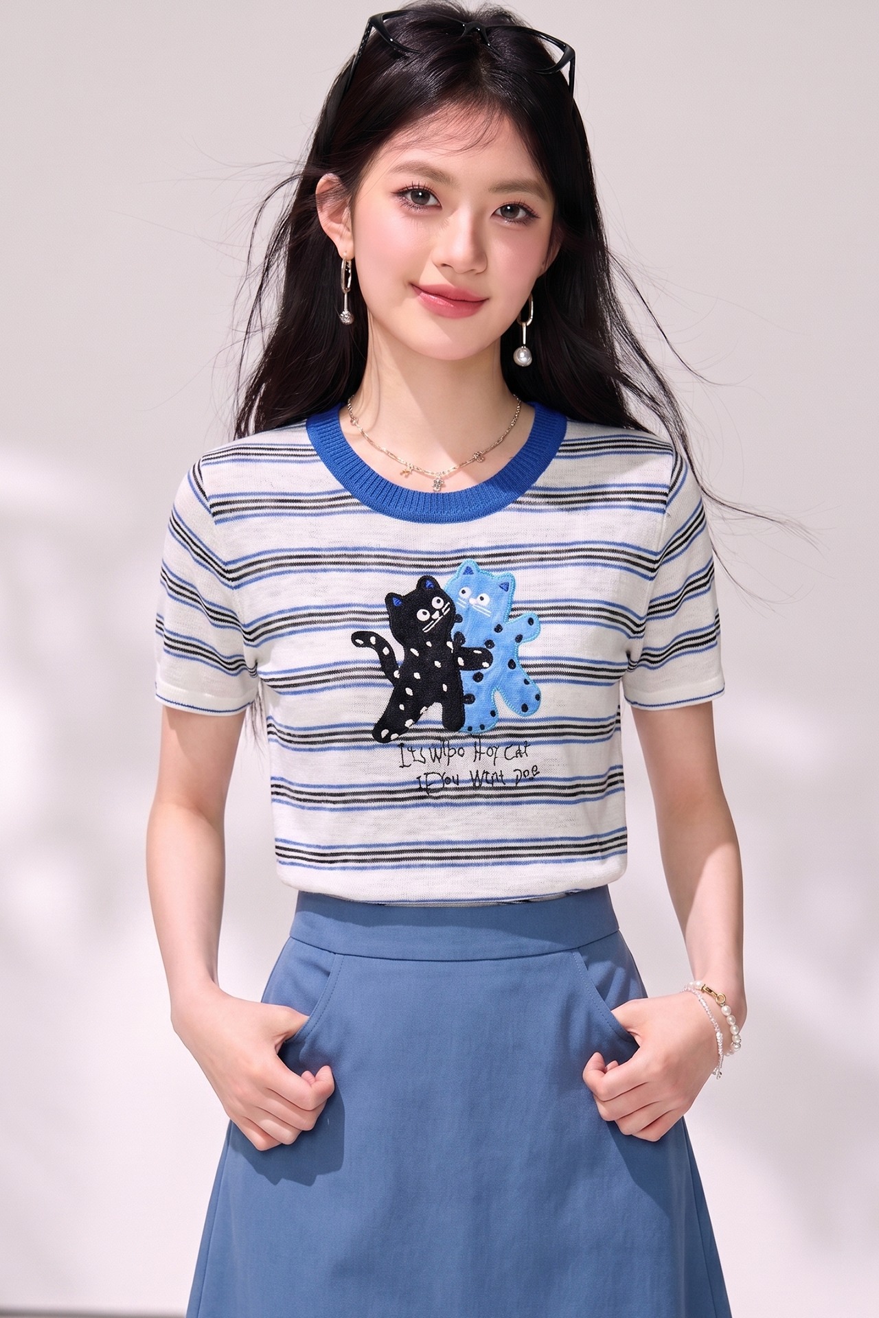 有◆2026韓版卡通刺繡撞色領條紋針織短袖夏季新款女減齡套頭上衣