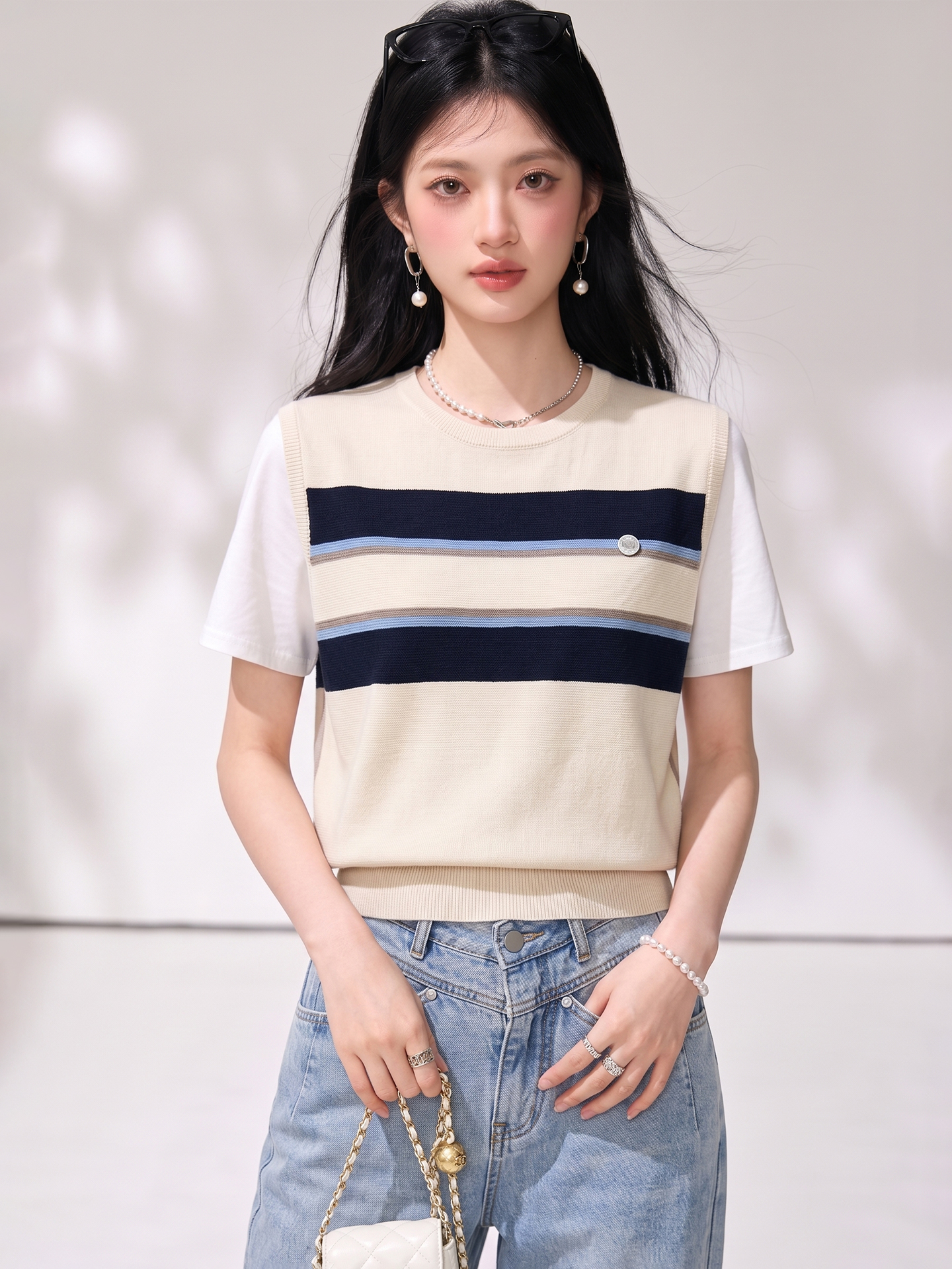 2026杏色條紋假兩件正肩短袖t恤女夏季小眾設計感寬松短款上衣