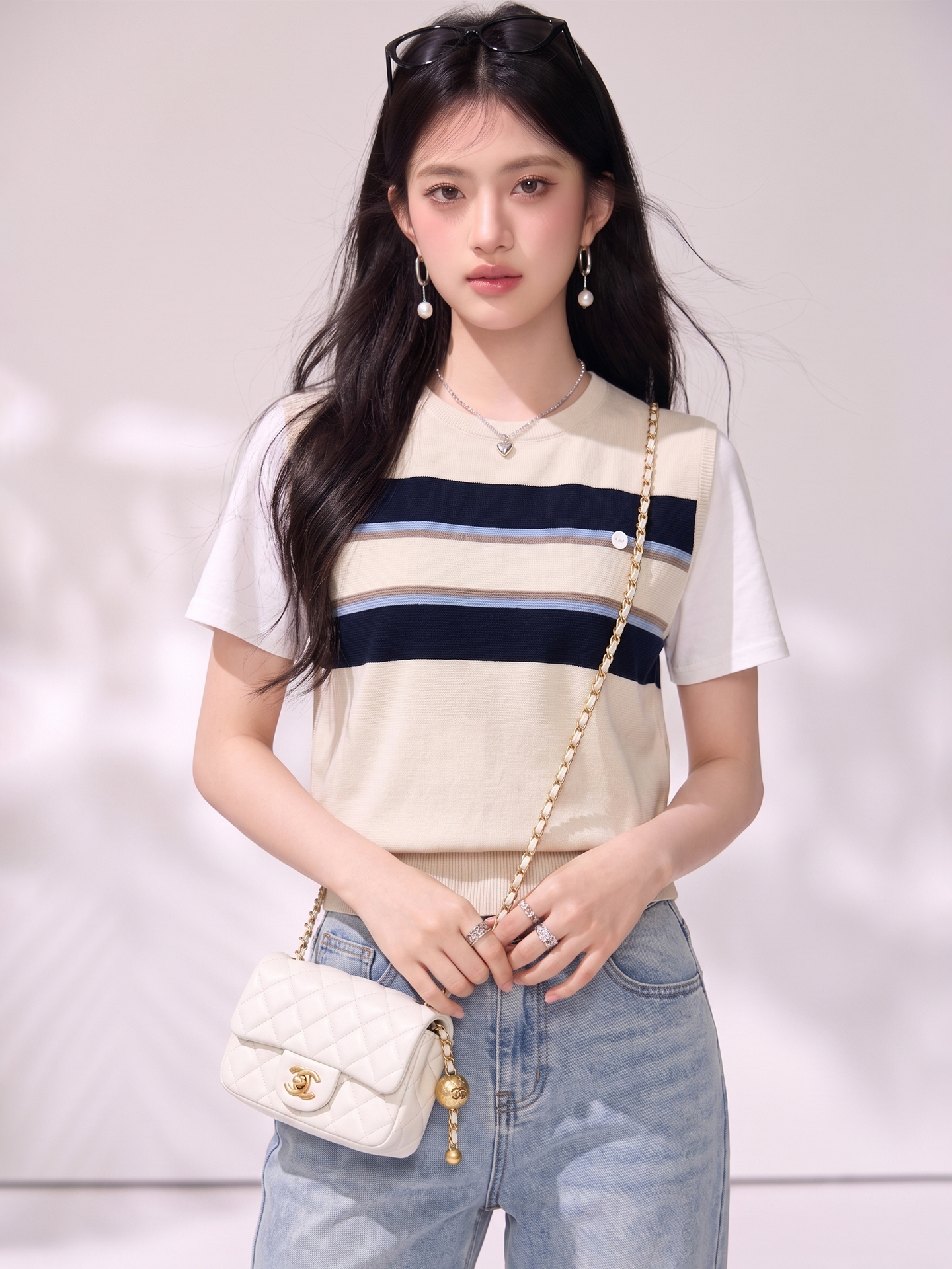 2026杏色條紋假兩件正肩短袖t恤女夏季小眾設計感寬松短款上衣
