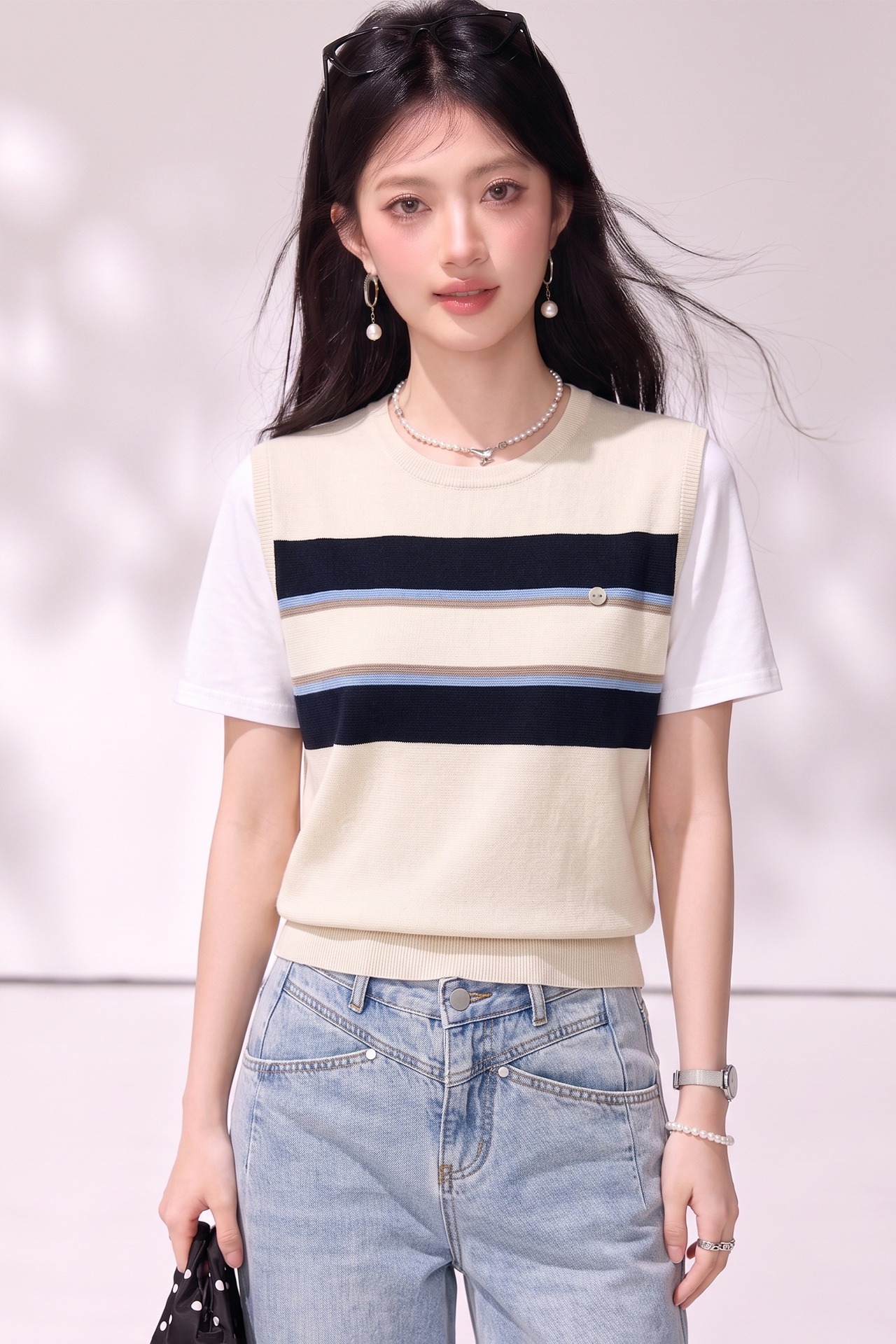 2026杏色條紋假兩件正肩短袖t恤女夏季小眾設計感寬松短款上衣