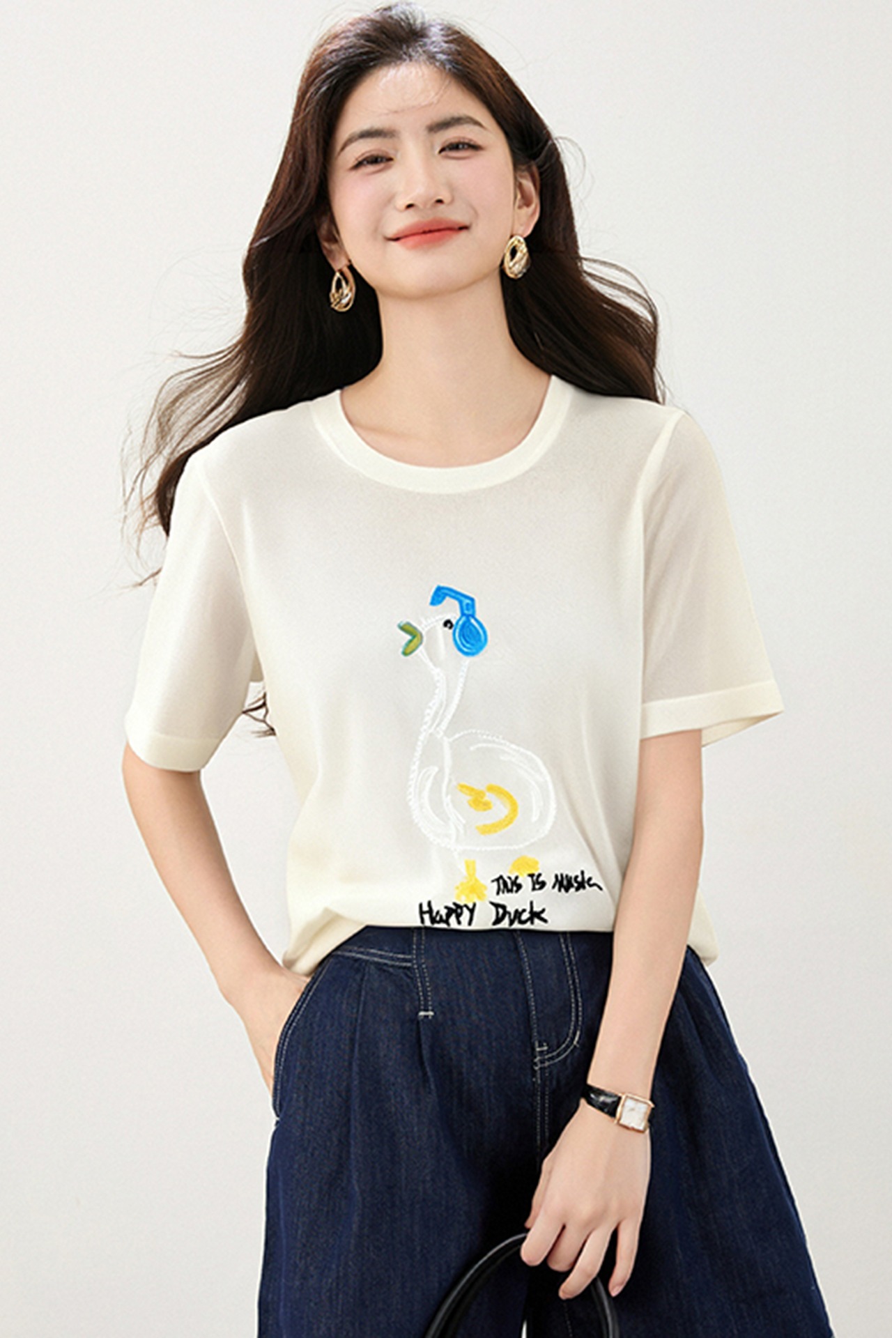 卡通風短袖T恤女夏季寬松百搭趣味印花減齡上衣圓領女裝卡通圖案