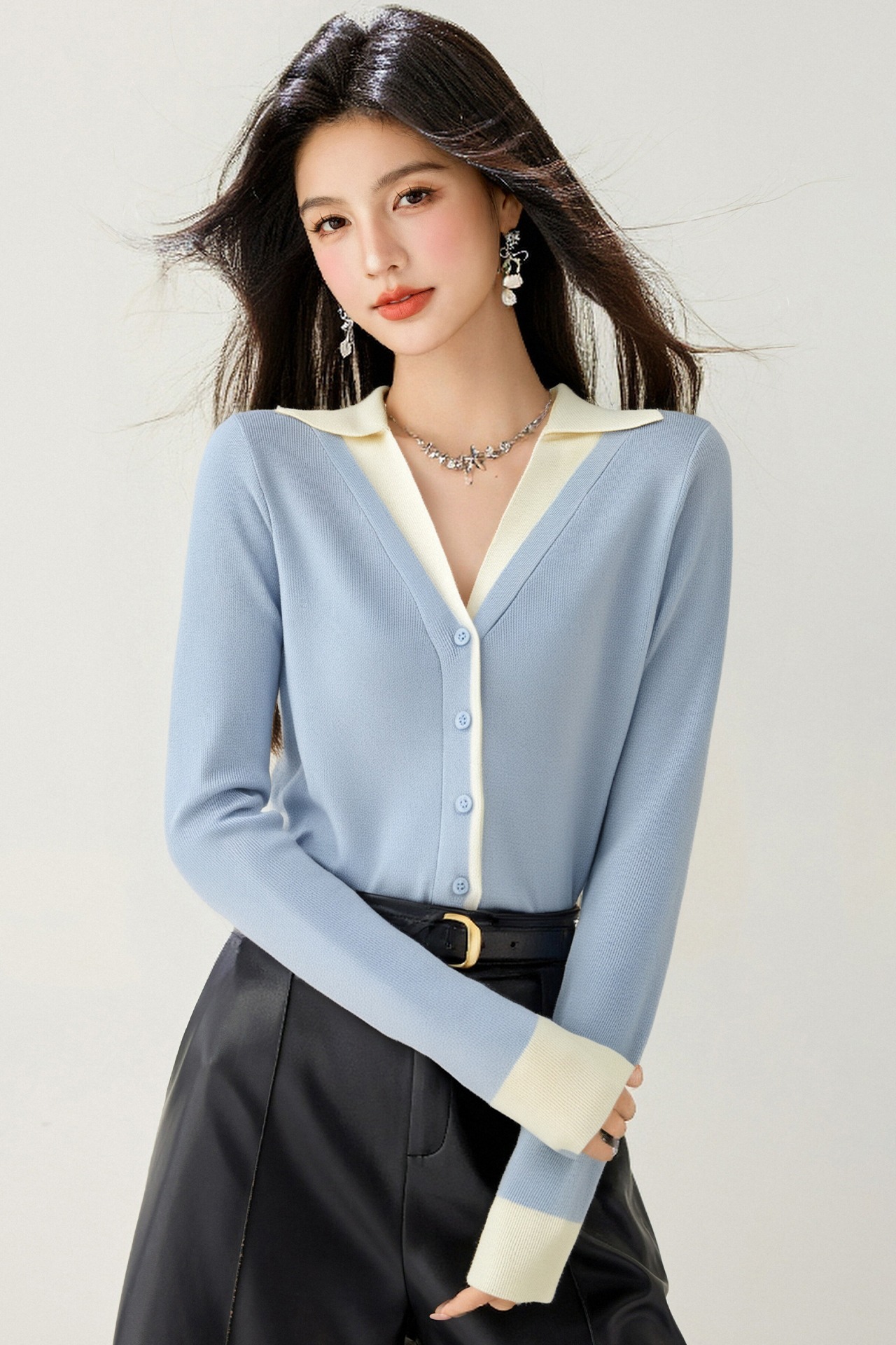 2026POLO領針織上衣簡約韓系設計感拼色假兩件長袖針織開衫外套女