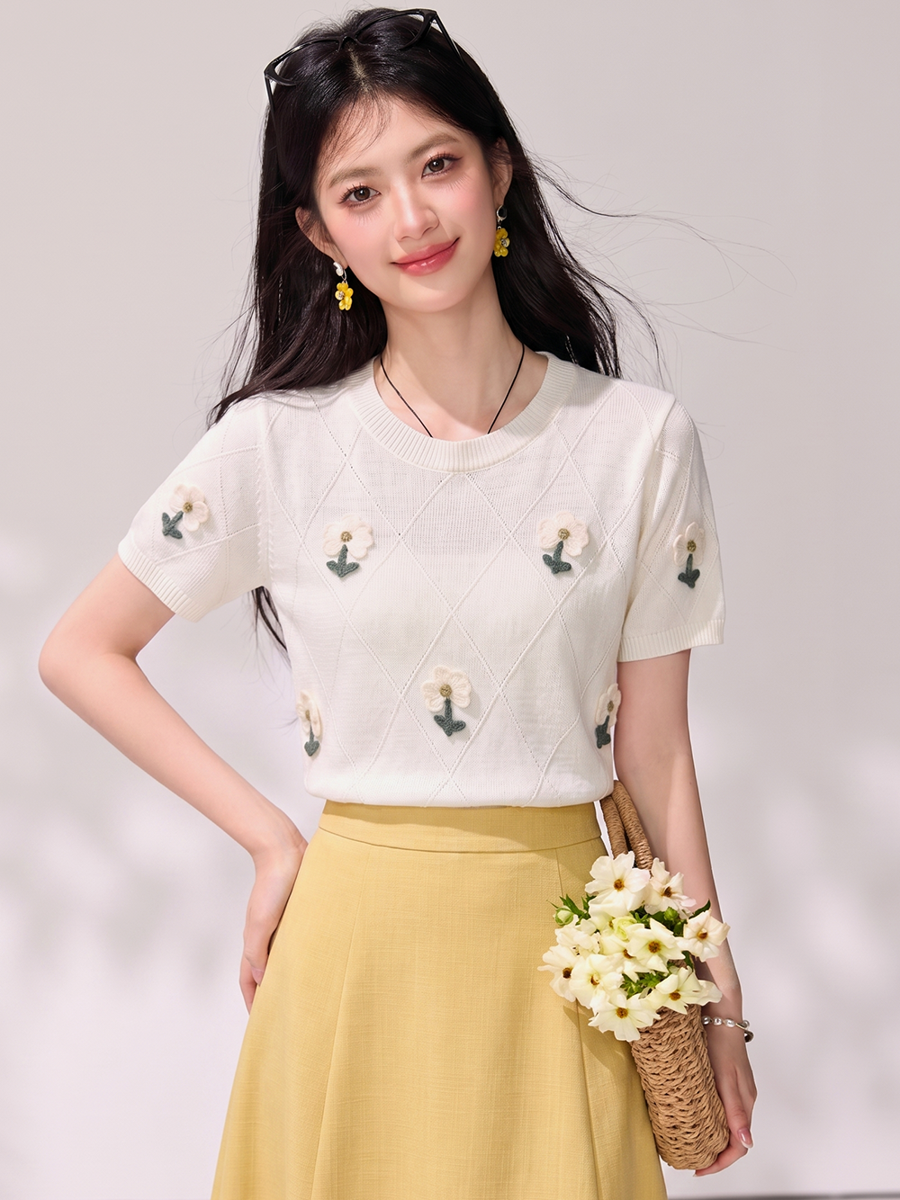 有◆2026甜美立體花朵短袖針織衫女季新款獨特漂亮薄款t恤上衣