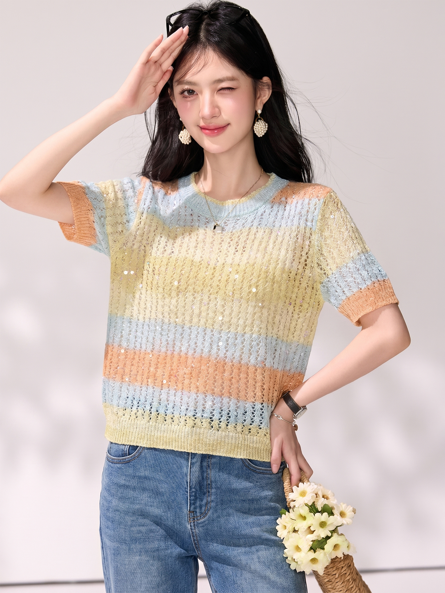 有◆2026夏季新款韓版氣質亮片圓領短袖針織衫女漸變色短款上衣