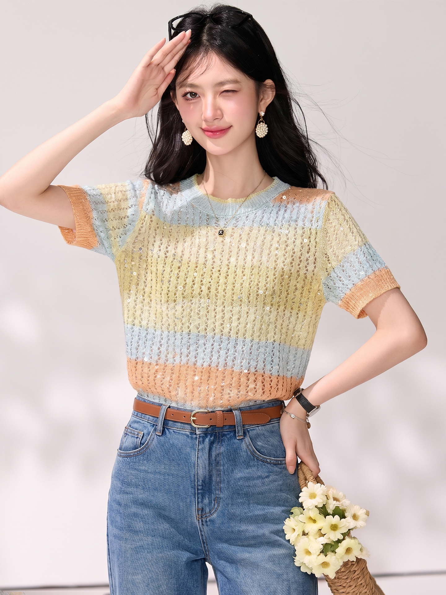 有◆2026夏季新款韓版氣質亮片圓領短袖針織衫女漸變色短款上衣