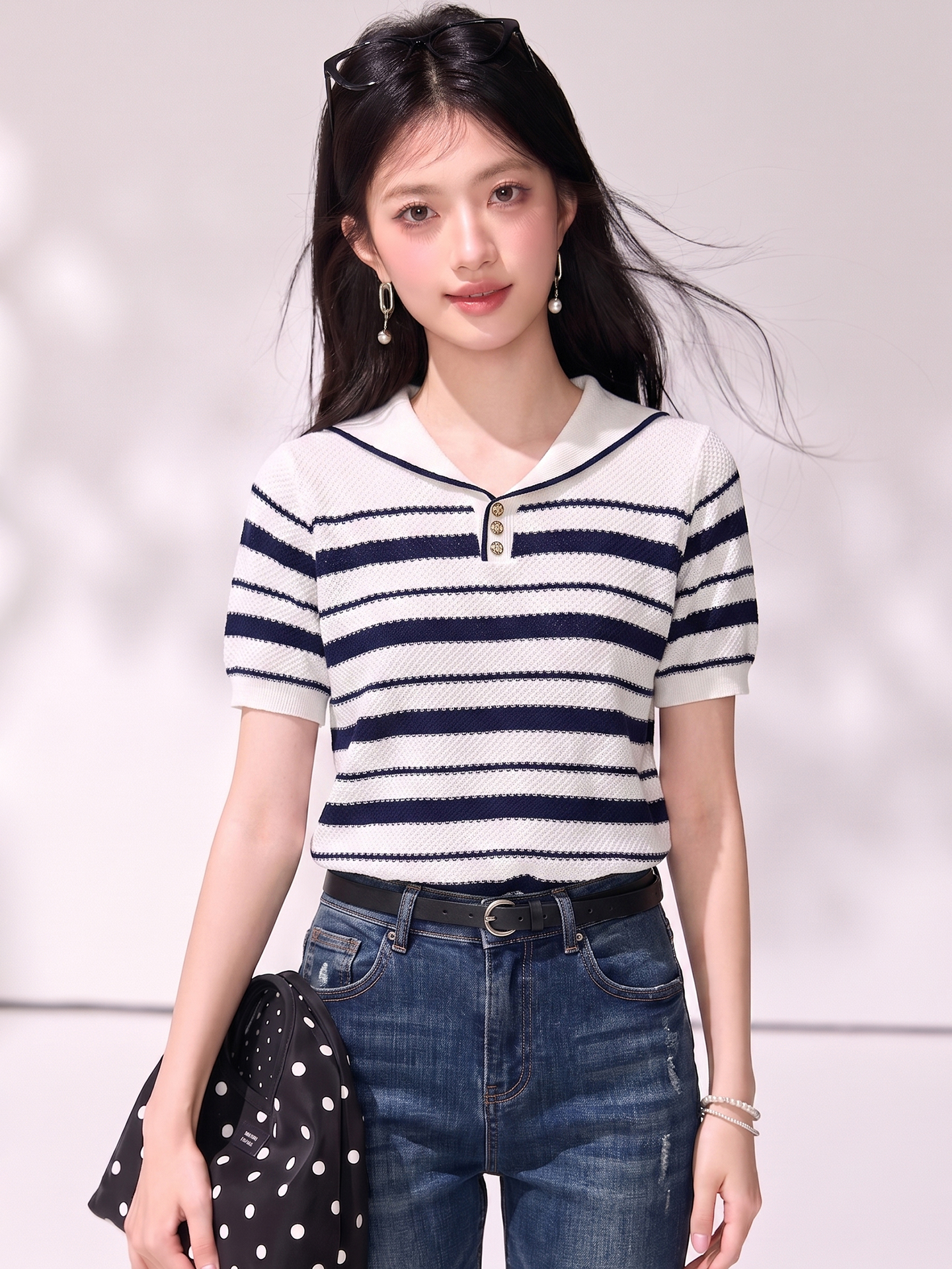 有◆2026夏季新款條紋冰絲短袖女新款夏季洋氣海軍領寬松顯瘦上衣