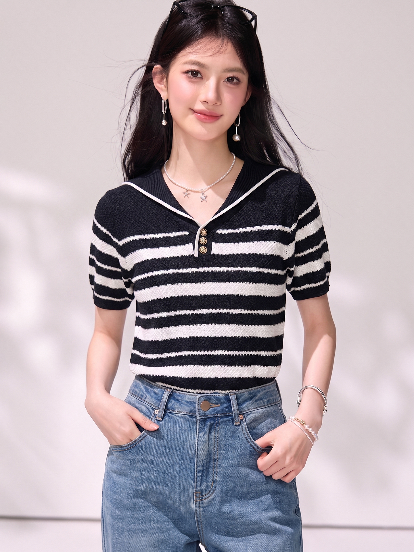 有◆2026夏季新款條紋冰絲短袖女新款夏季洋氣海軍領寬松顯瘦上衣