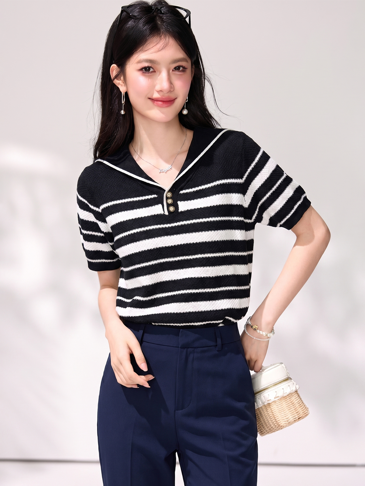 有◆2026夏季新款條紋冰絲短袖女新款夏季洋氣海軍領寬松顯瘦上衣