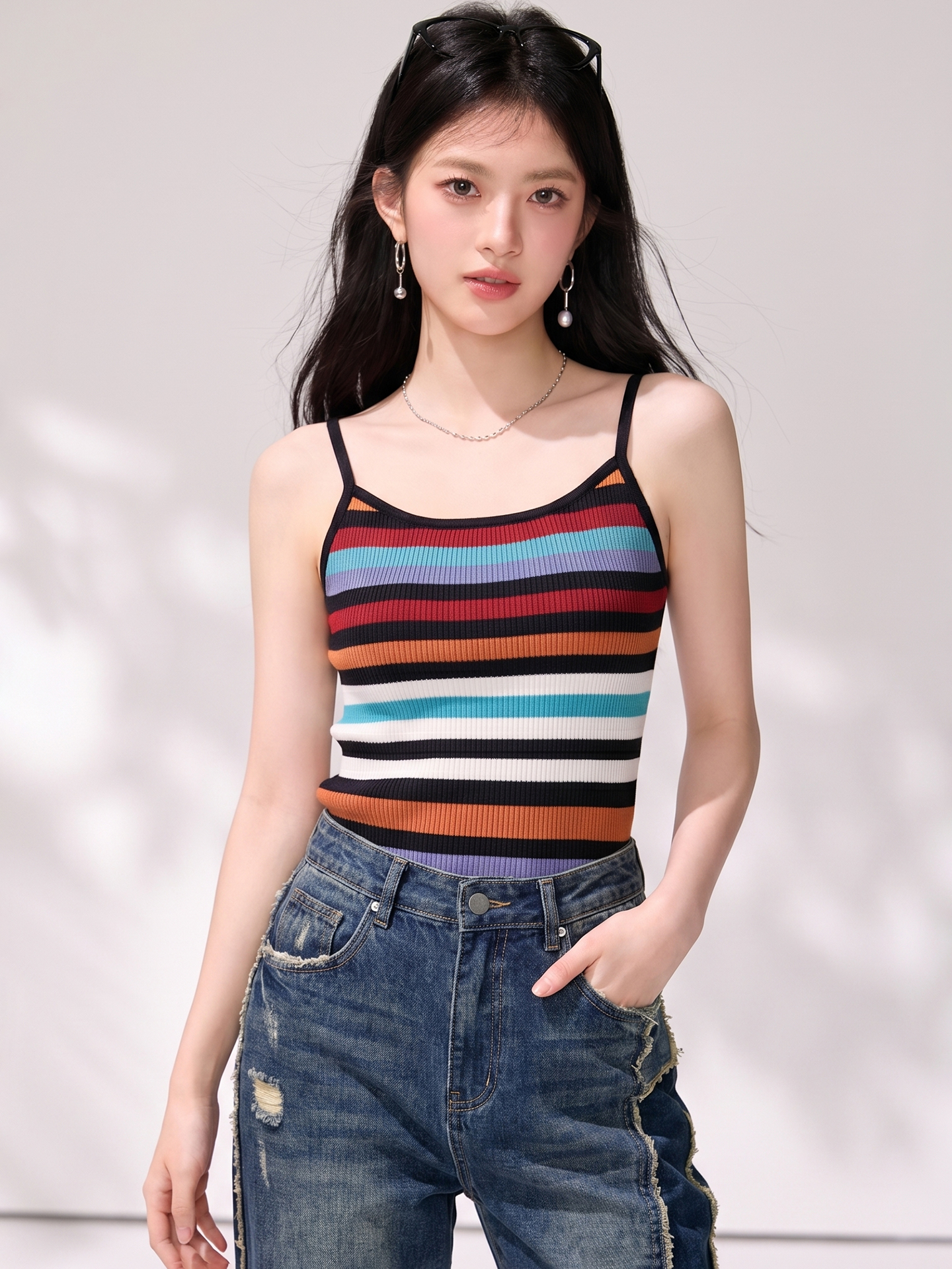 實拍◆有◆2026夏季復古辣妹彩虹條紋背心吊帶女小眾新款顯瘦上衣