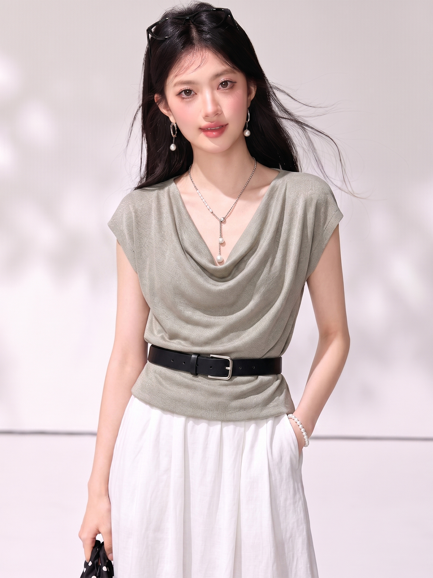 實拍◆有◆2026夏季不規則設計感蕩領短袖T恤夏季修身短款女上衣