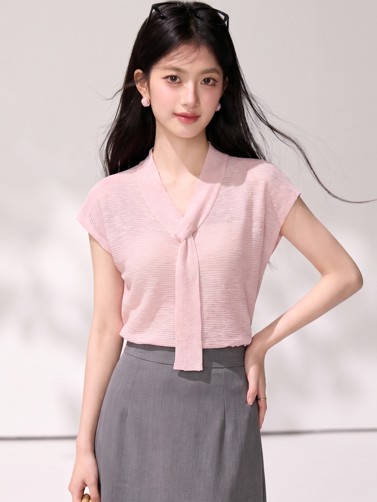 有◆2026夏季新款氣質假兩件披肩短袖t恤女V領飄帶針織衫無袖上衣