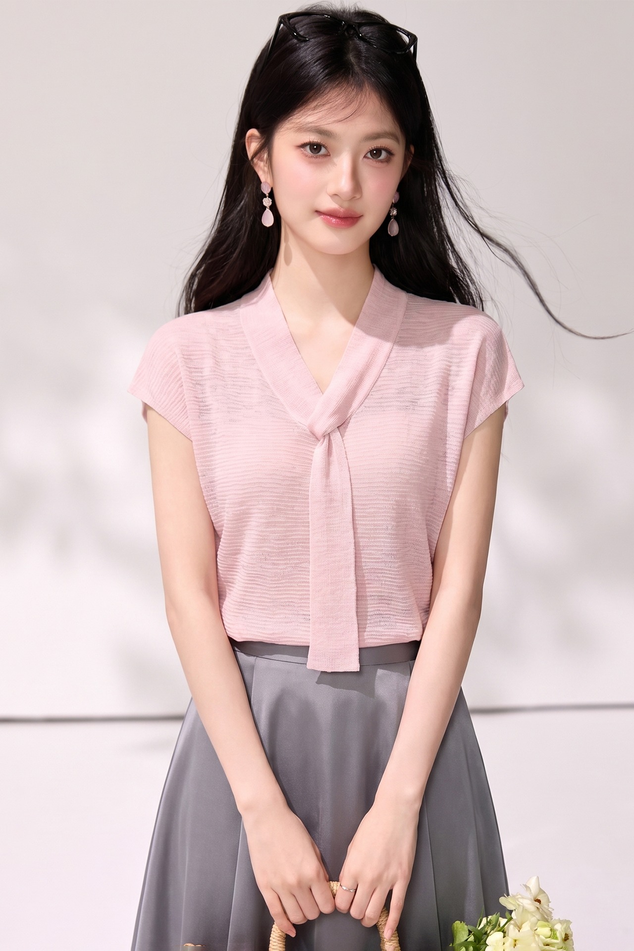 有◆2026夏季新款氣質假兩件披肩短袖t恤女V領飄帶針織衫無袖上衣