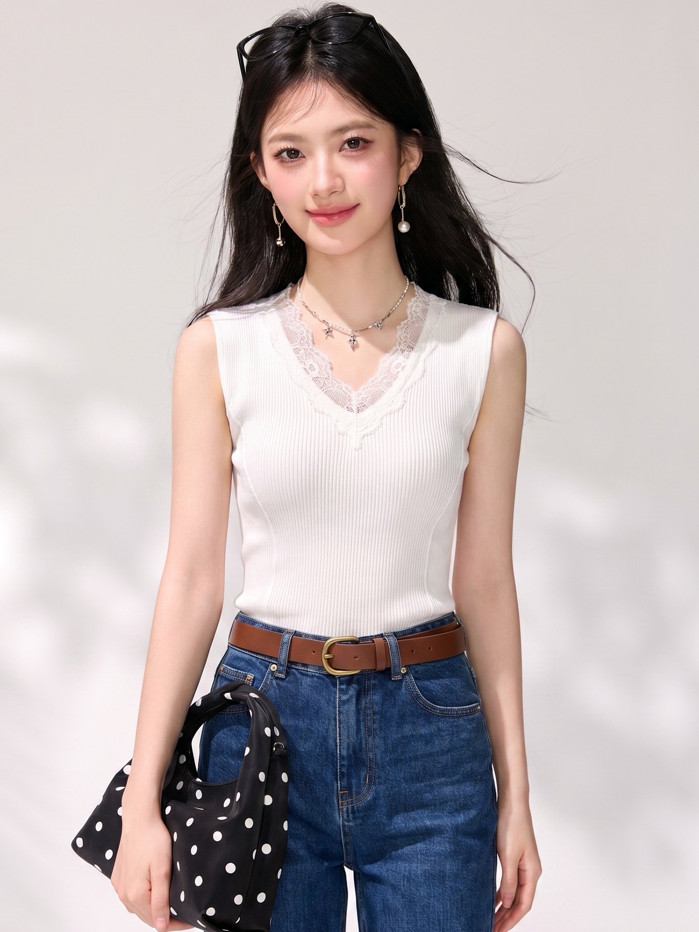 有◆2026夏季新款高級感蕾絲v領針織衫女設計感韓系氣質無袖上衣