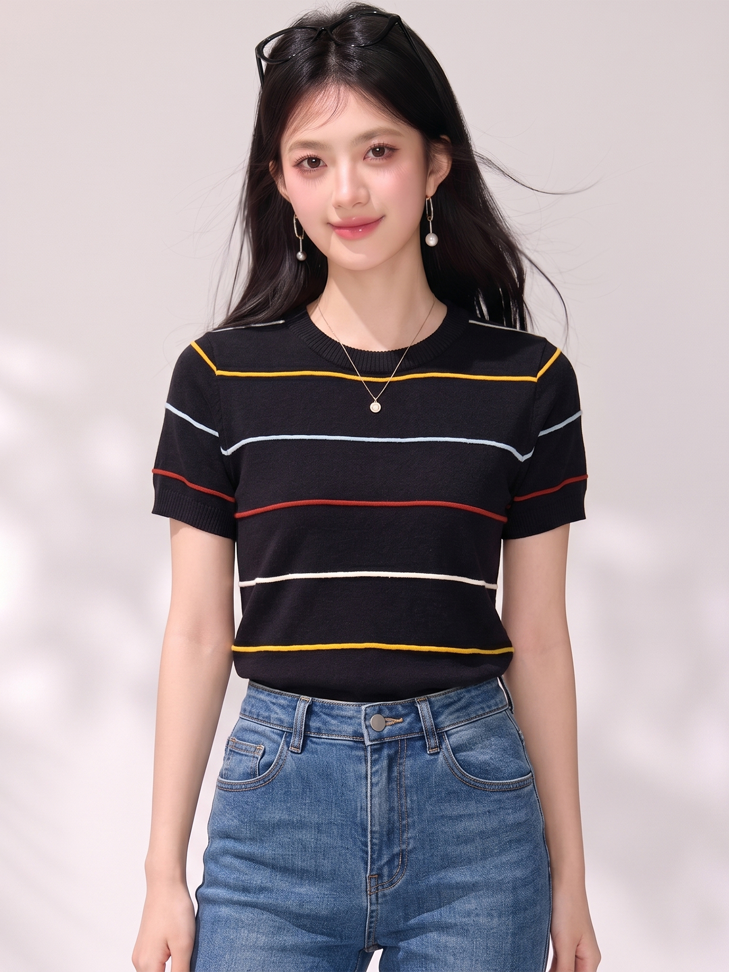 有◆2026夏季新款黑色條紋圓領短袖針織衫女韓系減齡巨好看上衣