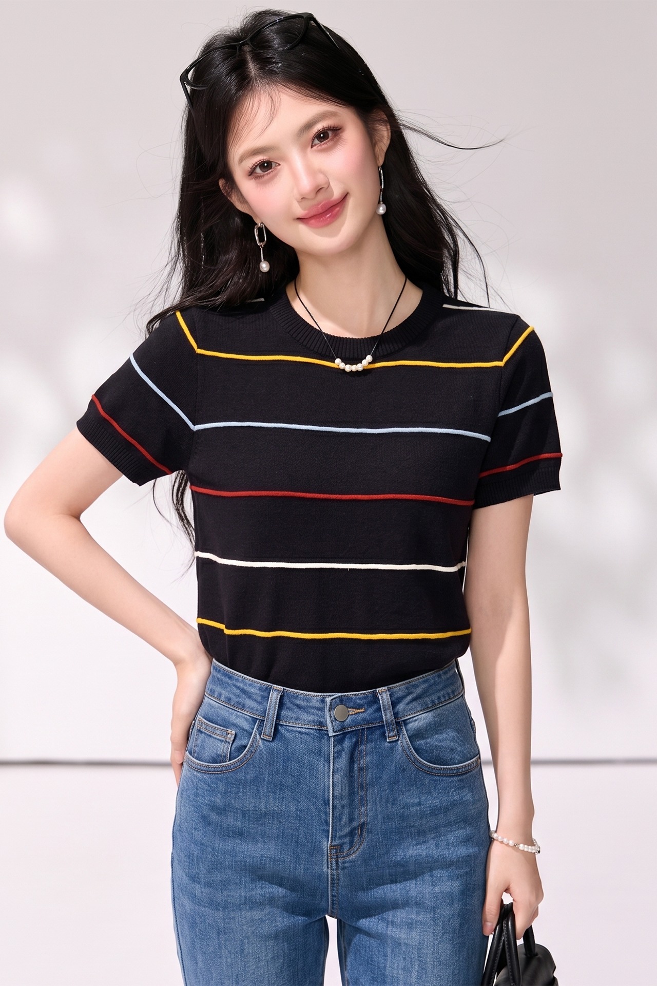 有◆2026夏季新款黑色條紋圓領短袖針織衫女韓系減齡巨好看上衣