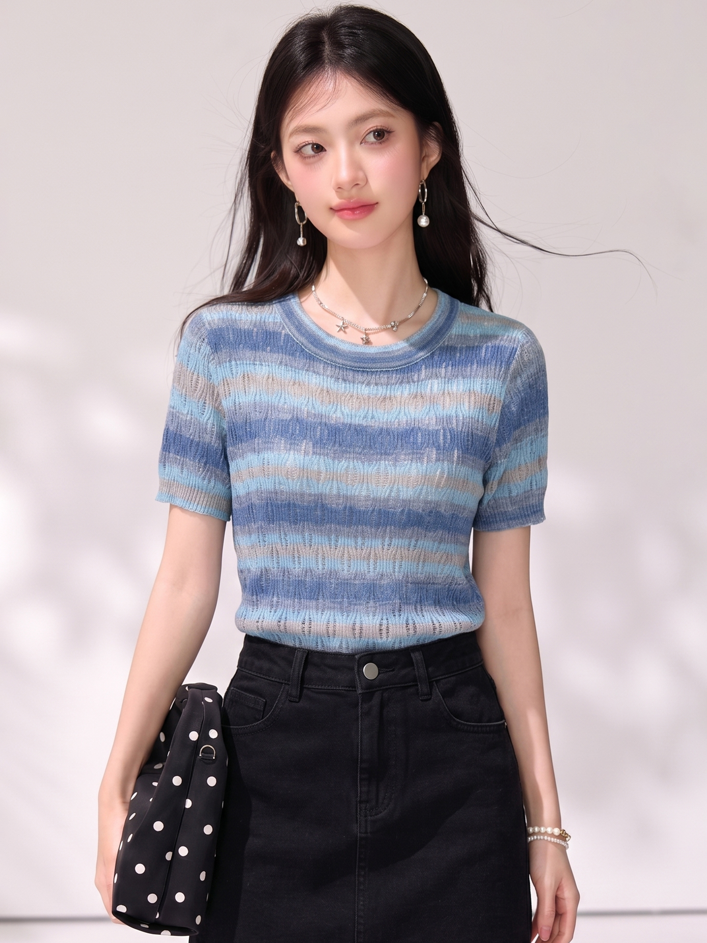 有◆2026夏季新款法式撞色條紋鏤空短袖女設計感小眾圓領顯瘦上衣