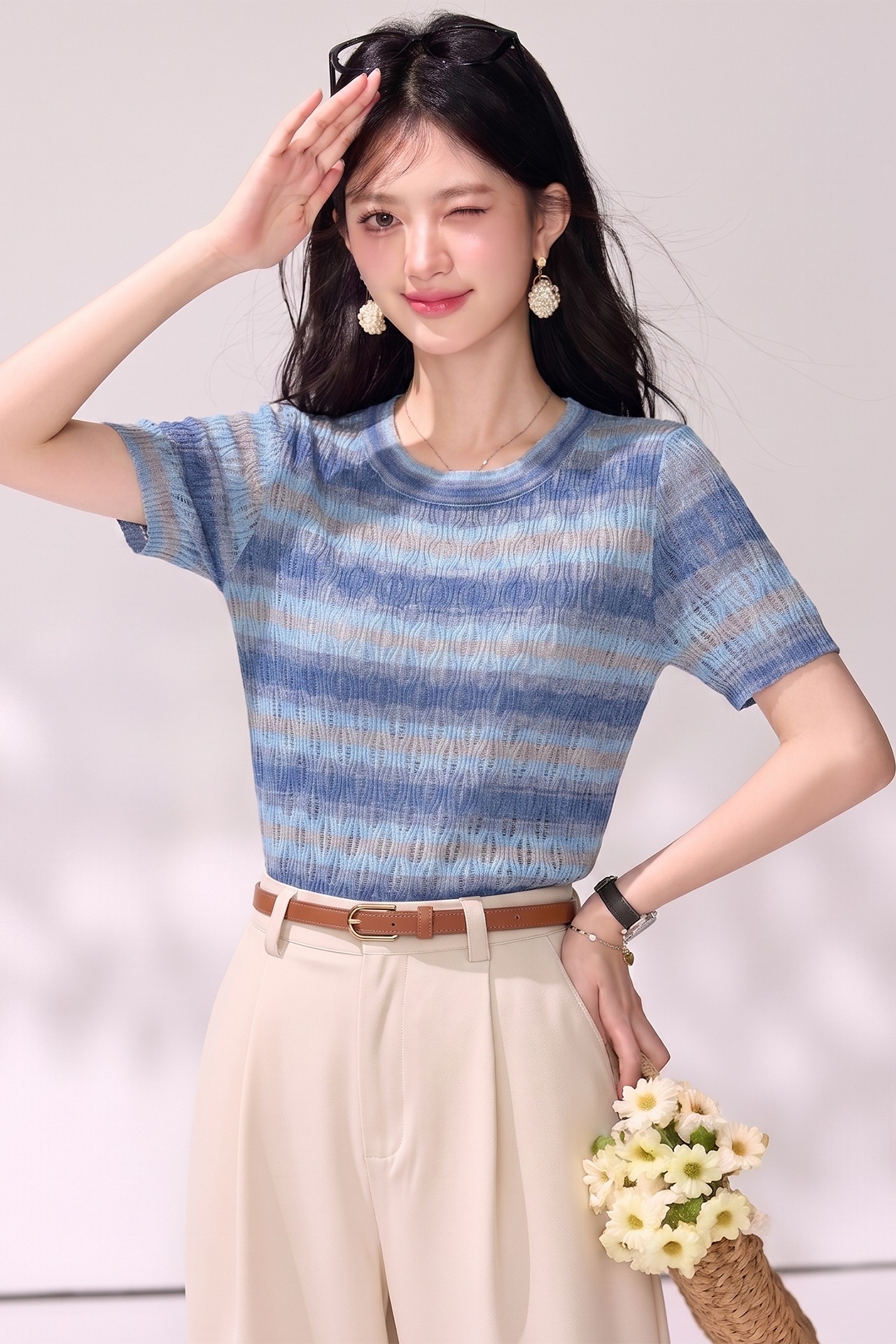 有◆2026夏季新款法式撞色條紋鏤空短袖女設計感小眾圓領顯瘦上衣