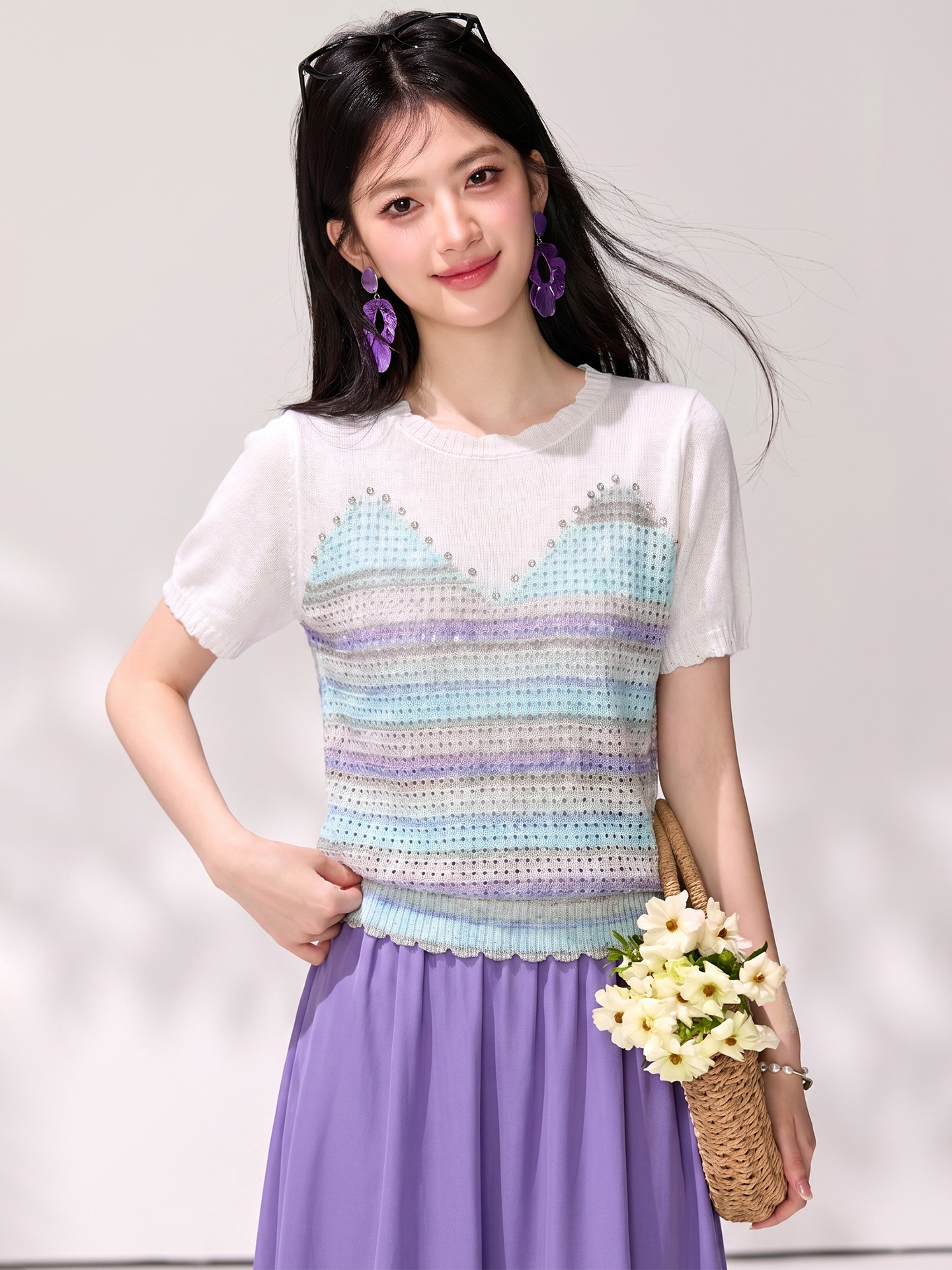 有◆2026夏季新款韓系甜美撞色釘珠冰絲針織衫女減齡百搭顯瘦上衣