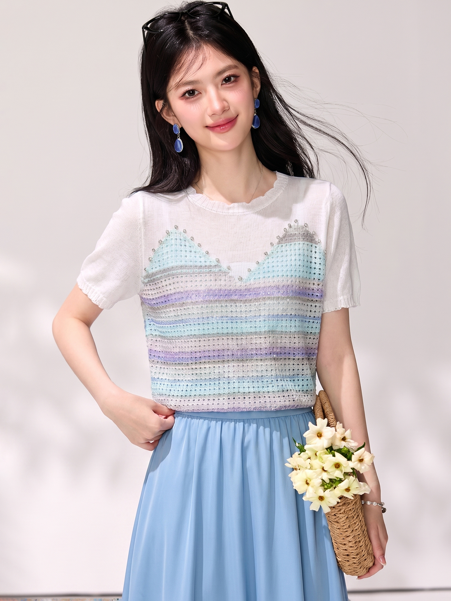 有◆2026夏季新款韓系甜美撞色釘珠冰絲針織衫女減齡百搭顯瘦上衣