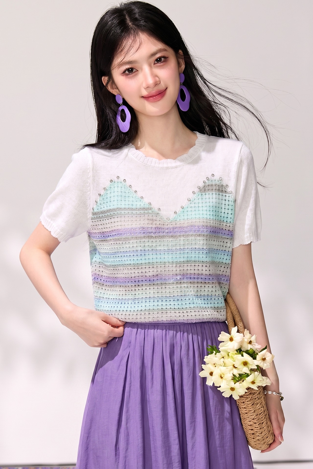 有◆2026夏季新款韓系甜美撞色釘珠冰絲針織衫女減齡百搭顯瘦上衣