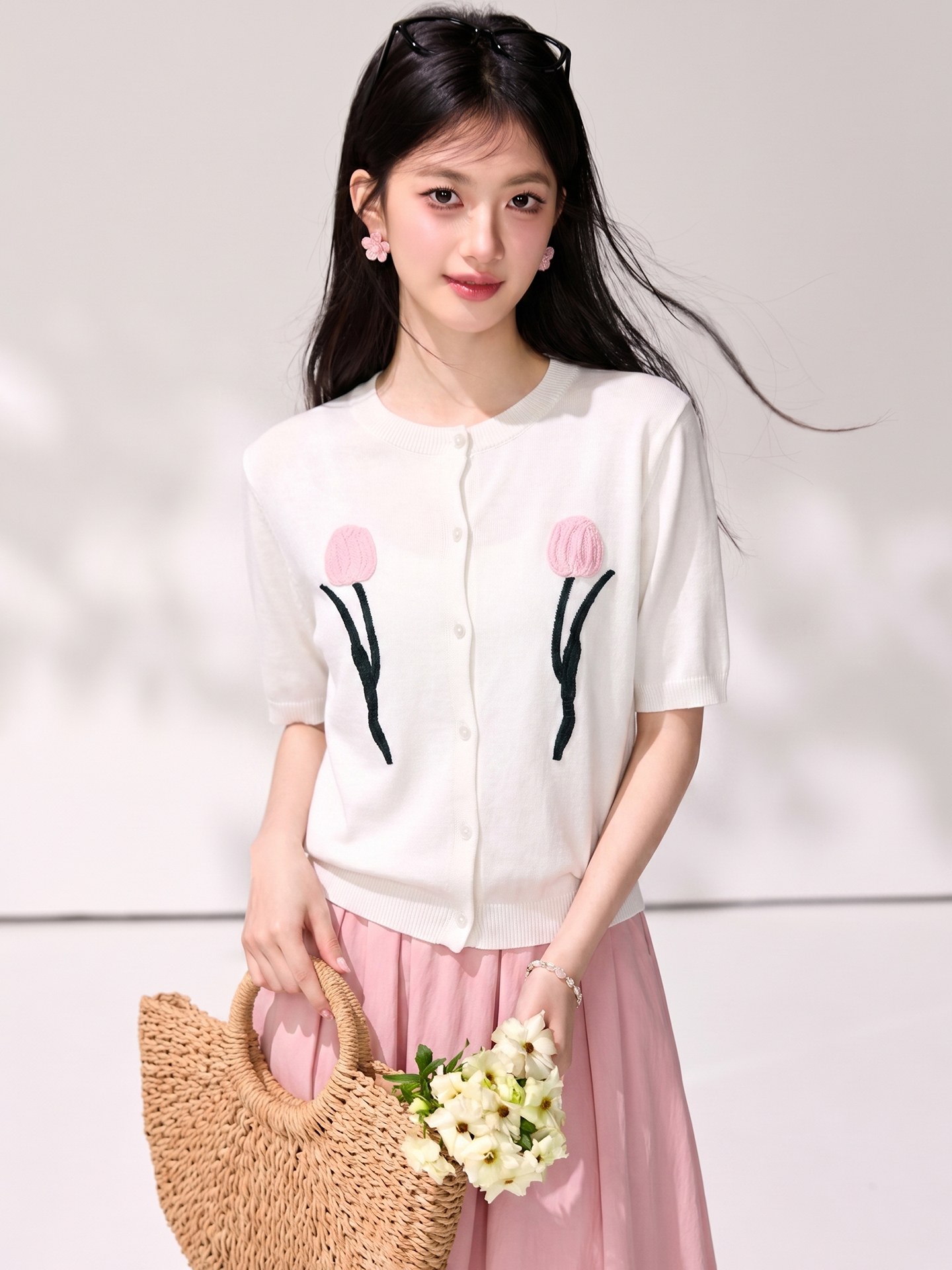 有◆2026夏季新款甜美風立體花朵刺繡圓領開衫女短袖百搭減齡上衣