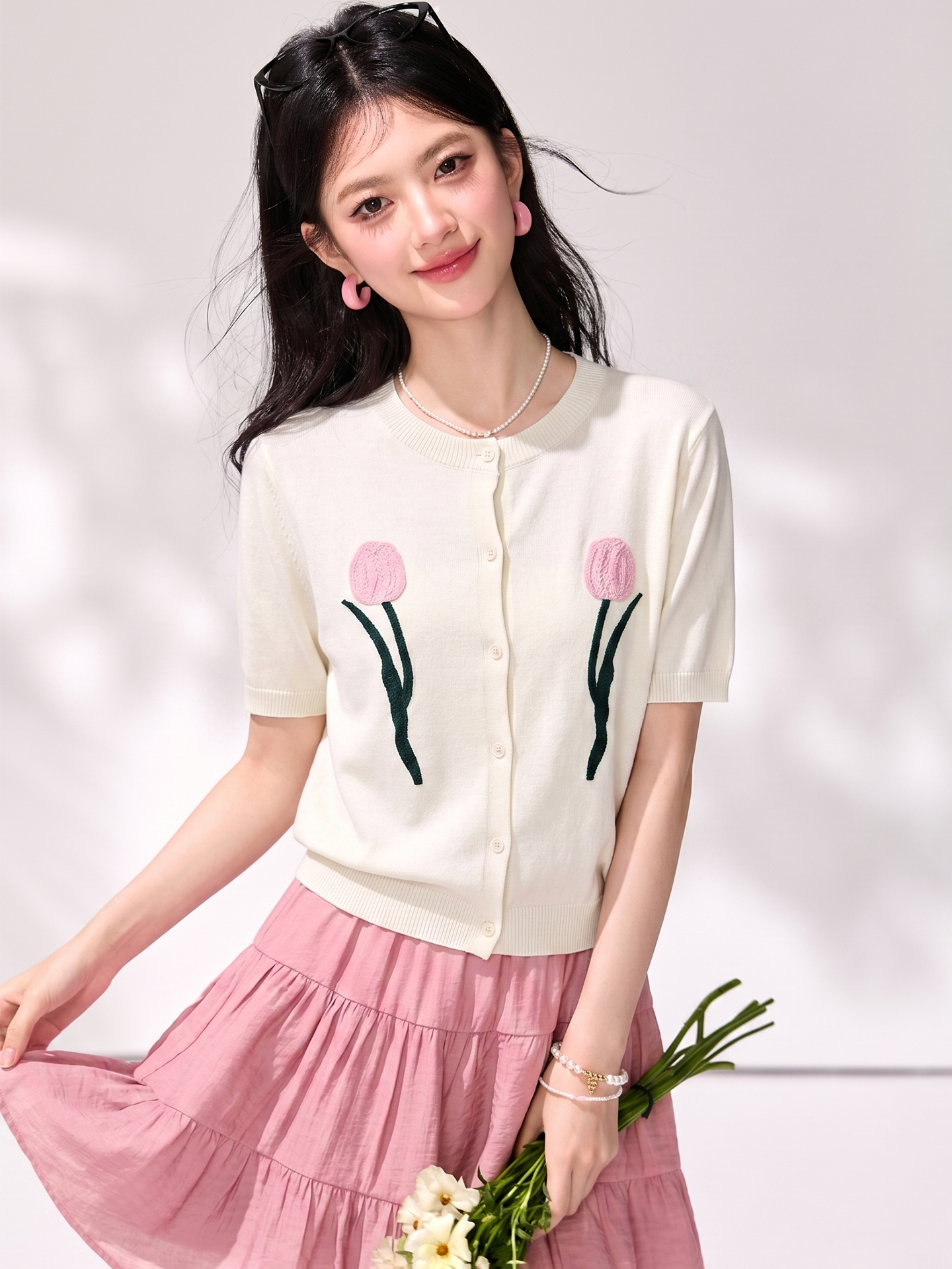 有◆2026夏季新款甜美風立體花朵刺繡圓領開衫女短袖百搭減齡上衣