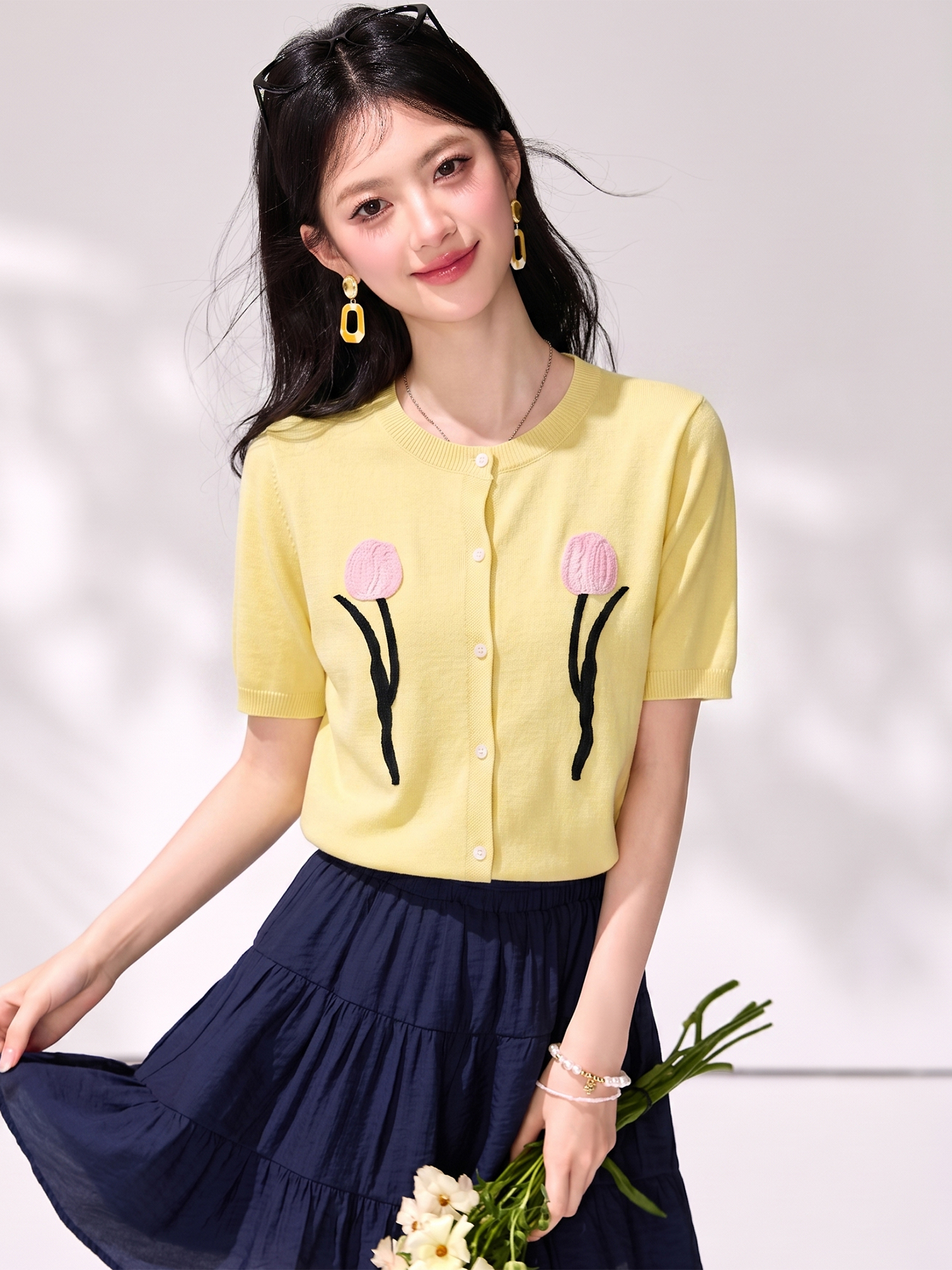 有◆2026夏季新款甜美風立體花朵刺繡圓領開衫女短袖百搭減齡上衣