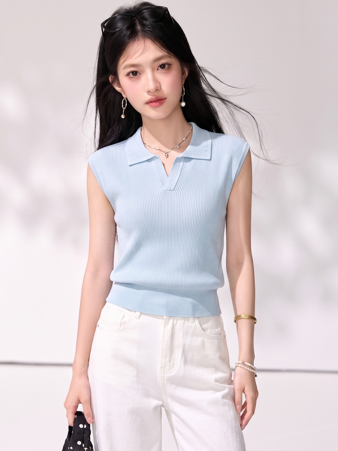 有◆2026夏季新款藍色polo領短袖針織衫女修身無袖坎肩背心上衣