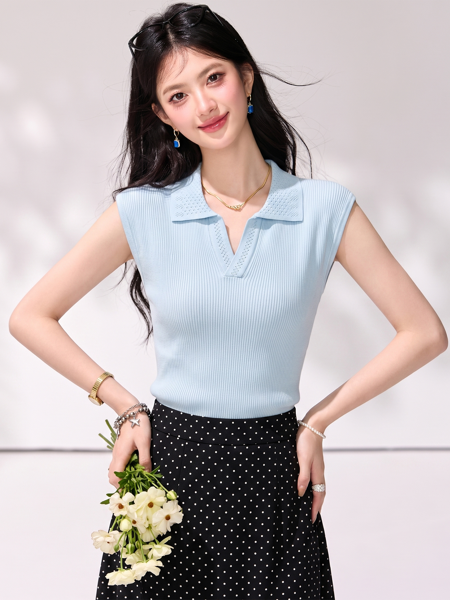 有◆2026夏季新款藍色polo領短袖針織衫女修身無袖坎肩背心上衣