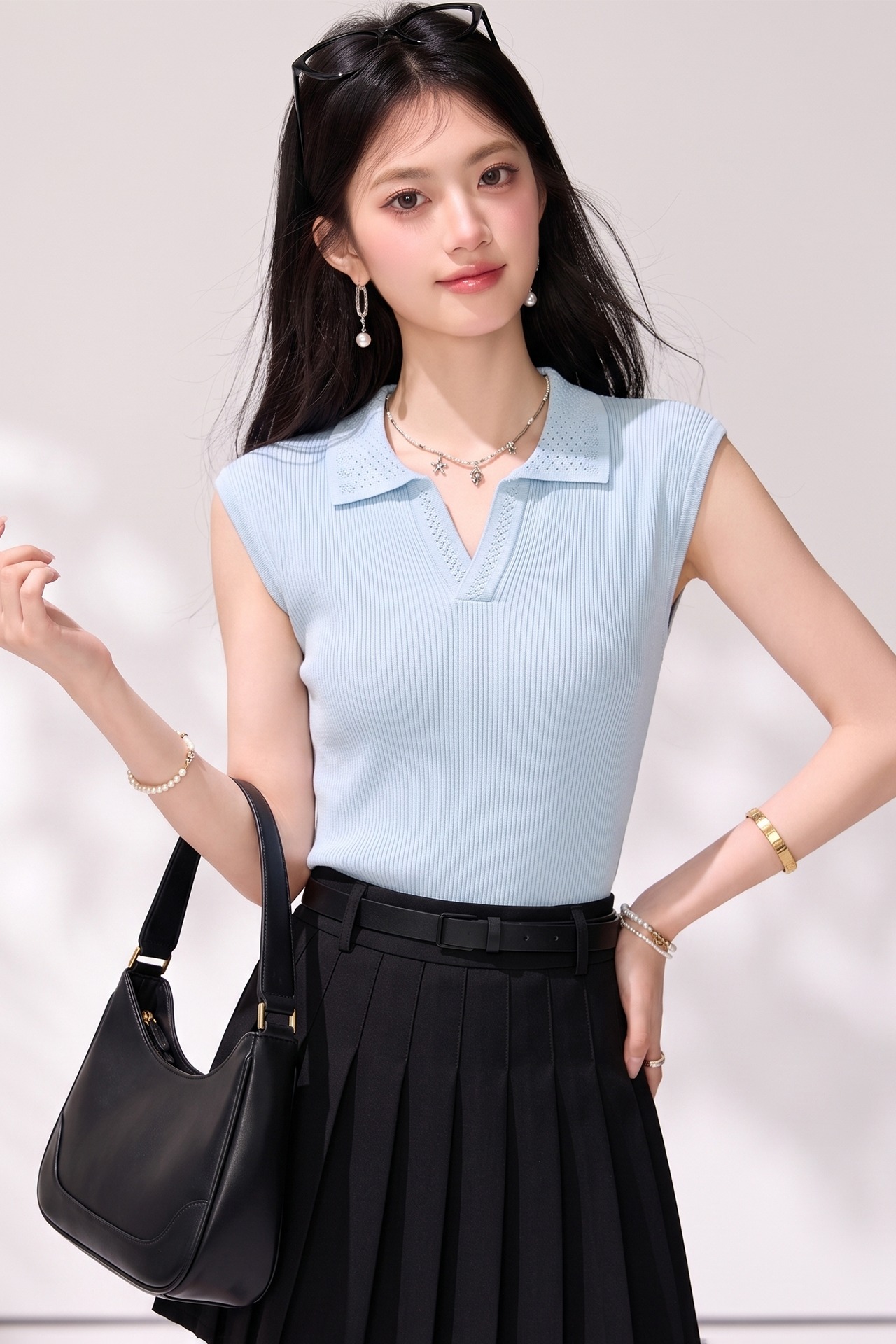 有◆2026夏季新款藍色polo領短袖針織衫女修身無袖坎肩背心上衣