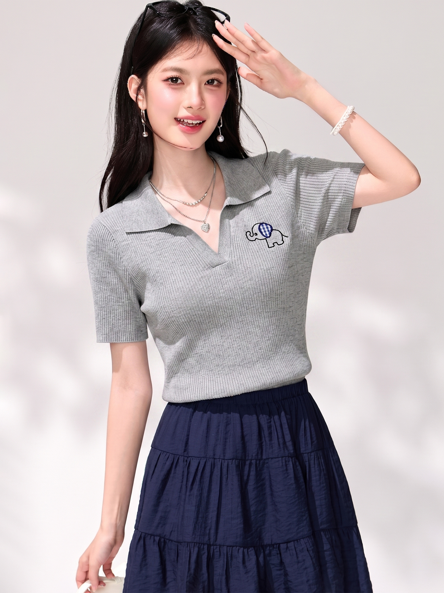 有◆2026夏季新款學院風小象polo領修身T恤女獨特漂亮的短袖上衣