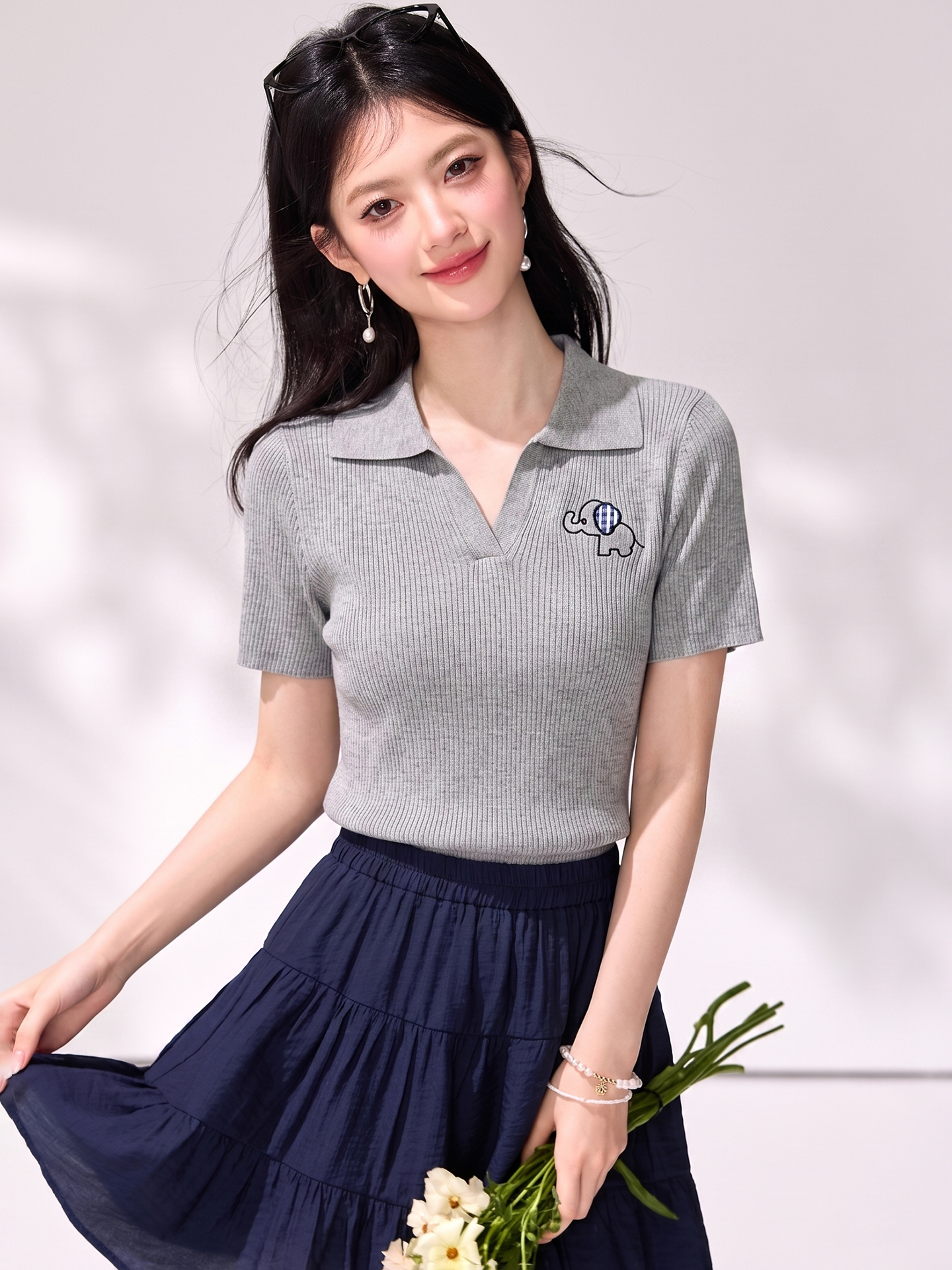 有◆2026夏季新款學院風小象polo領修身T恤女獨特漂亮的短袖上衣