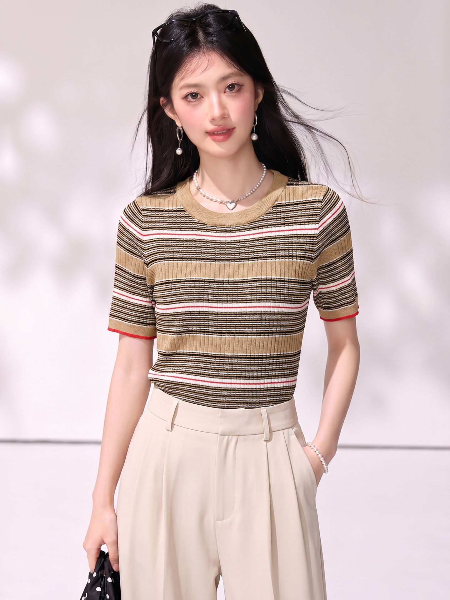 有◆2026夏季新款撞色條紋針織短袖T恤百搭顯瘦圓領針織上衣